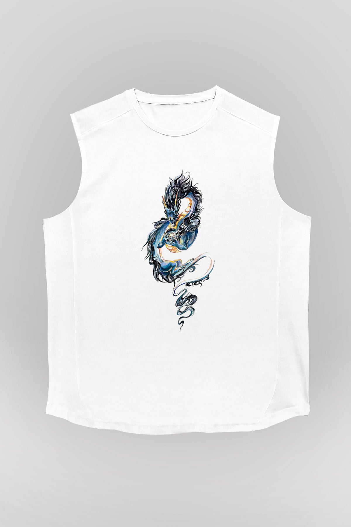 Ejderha Baskılı Beyaz Unisex Kolsuz Tişört - Tshirt