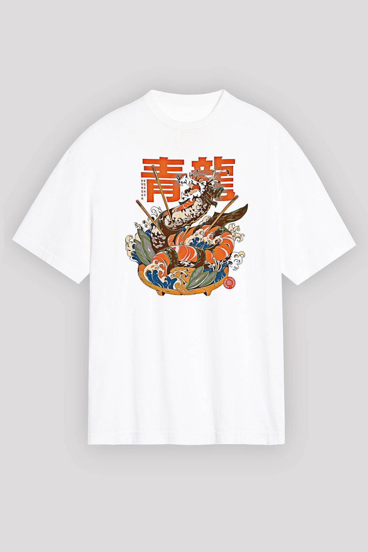 Ejderha Baskılı Beyaz Unisex Oversize Tişört - Tshirt
