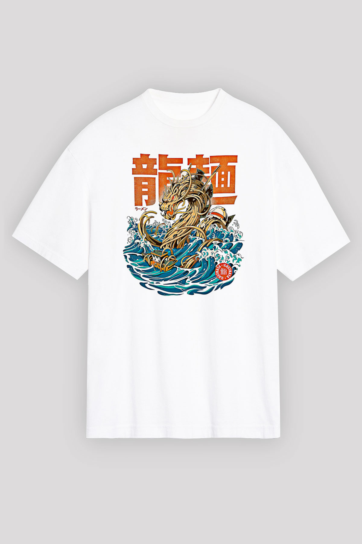 Ejderha Baskılı Beyaz Unisex Oversize Tişört - Tshirt