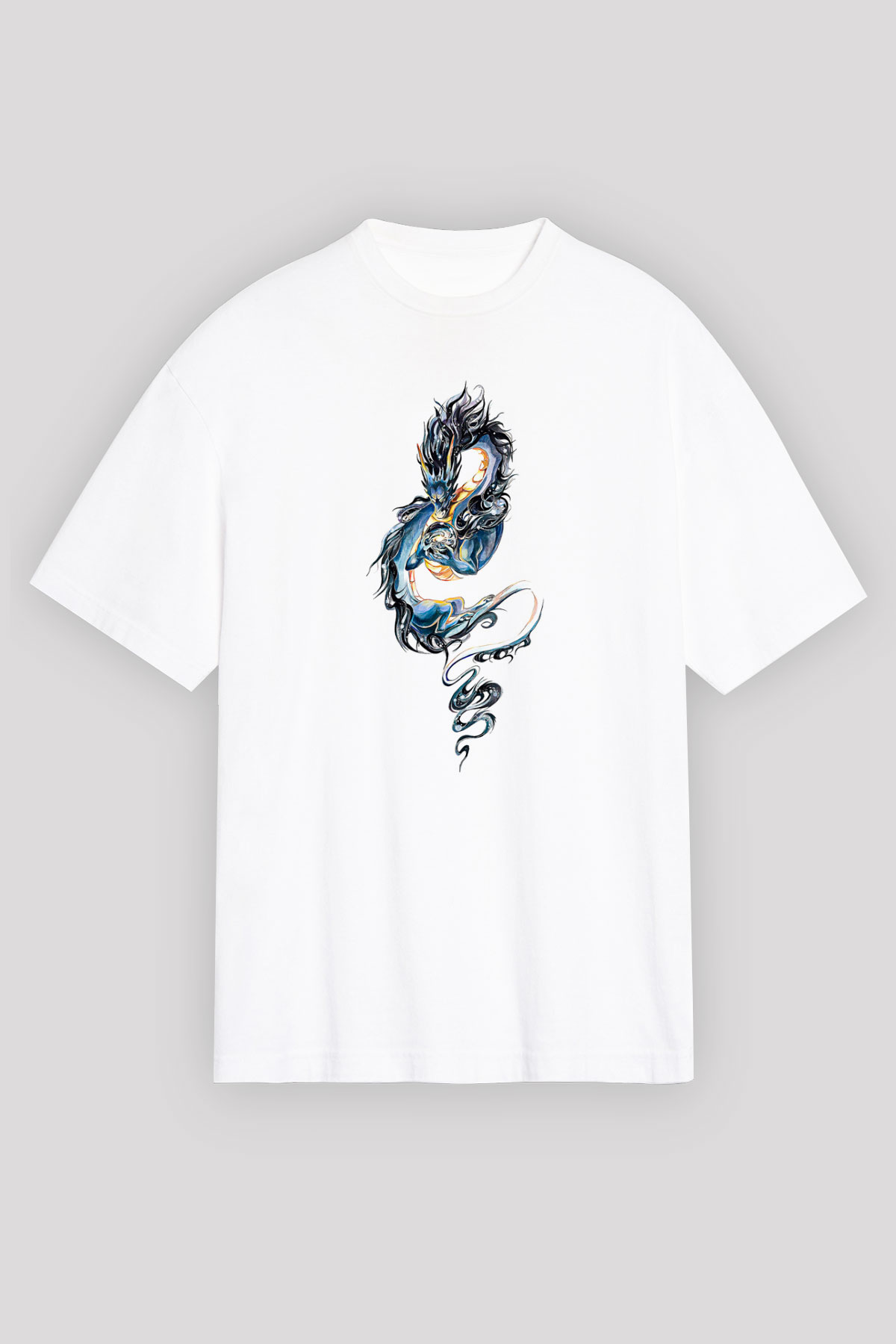 Ejderha Baskılı Beyaz Unisex Oversize Tişört - Tshirt