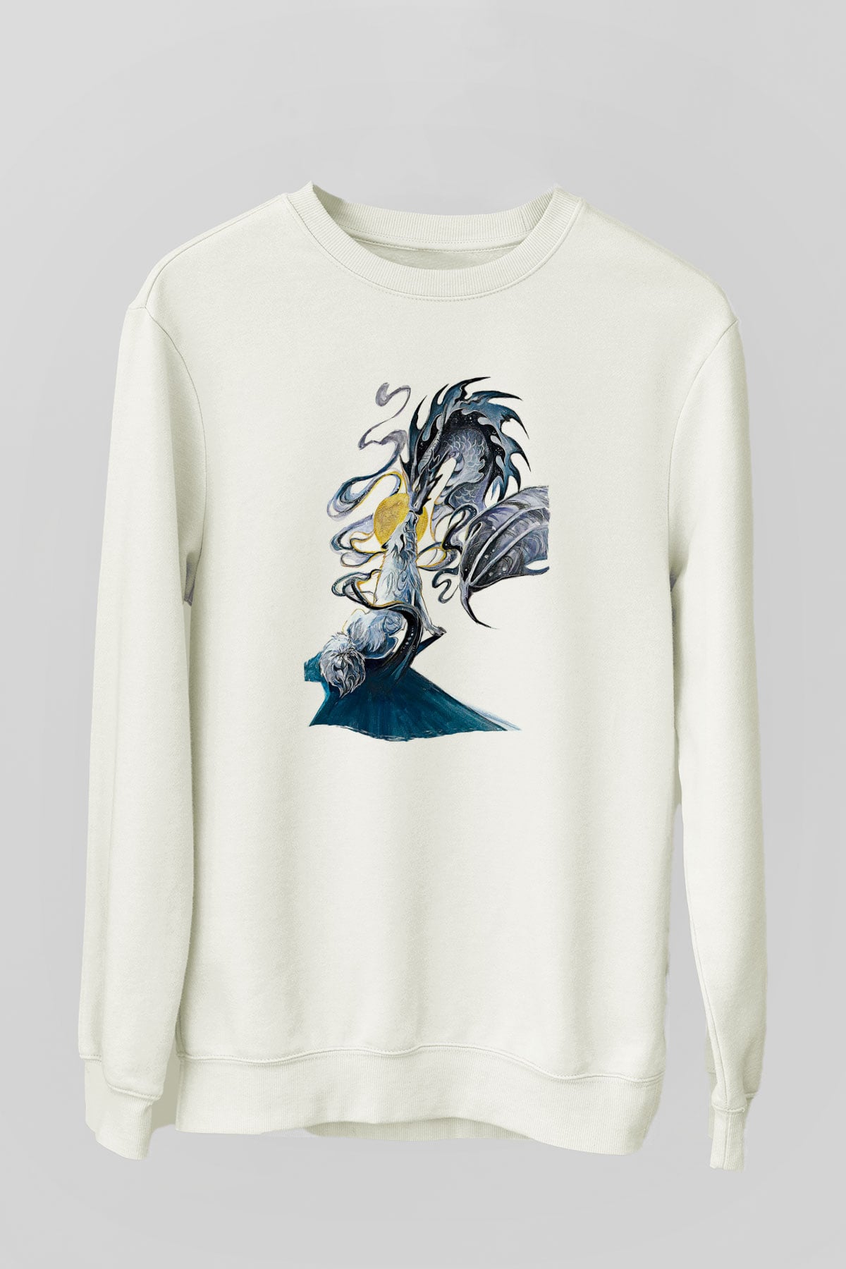 Ejderha Baskılı Beyaz Unisex Sweatshirt