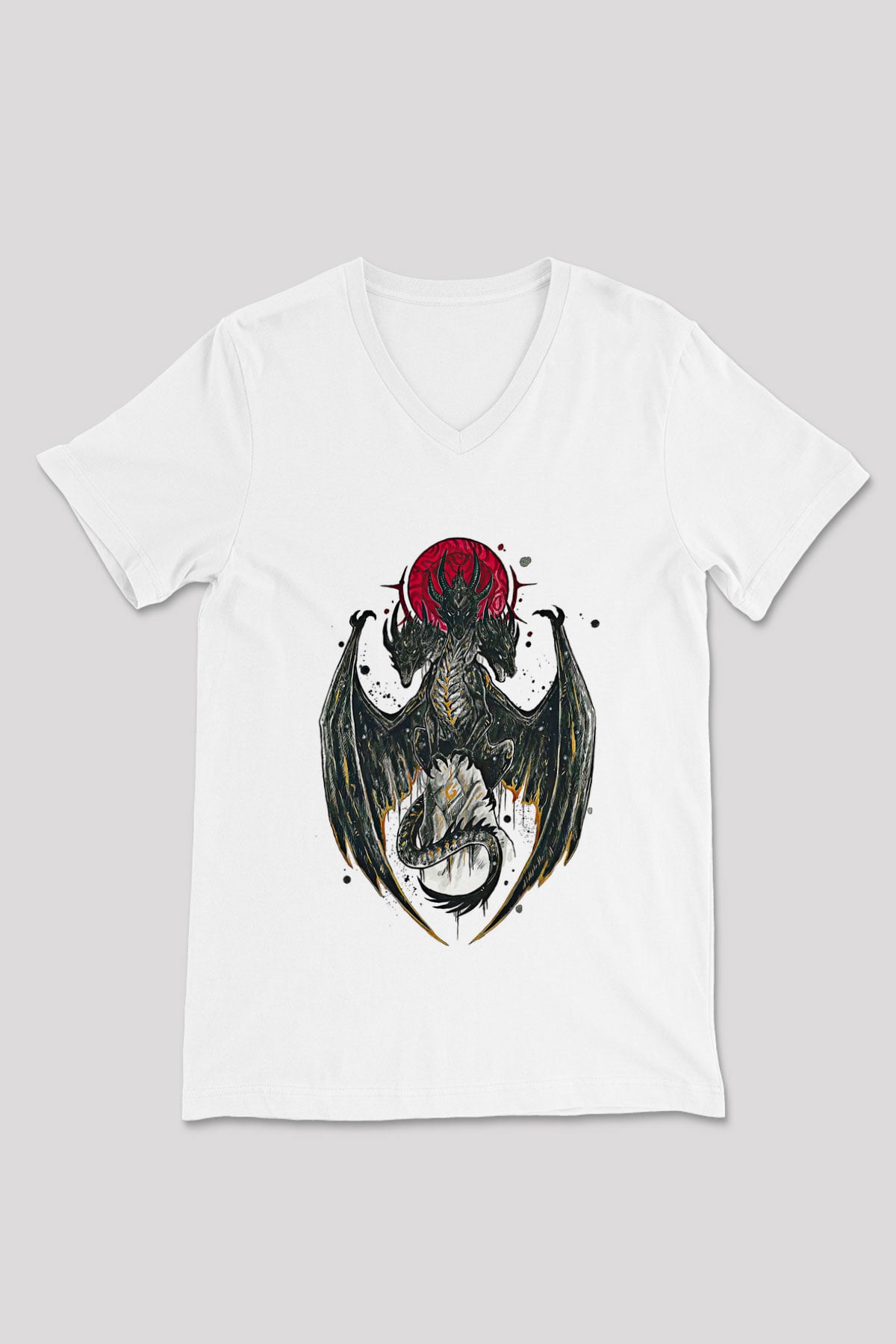 Ejderha Baskılı Beyaz Unisex V Yaka Tişört - Tshirt