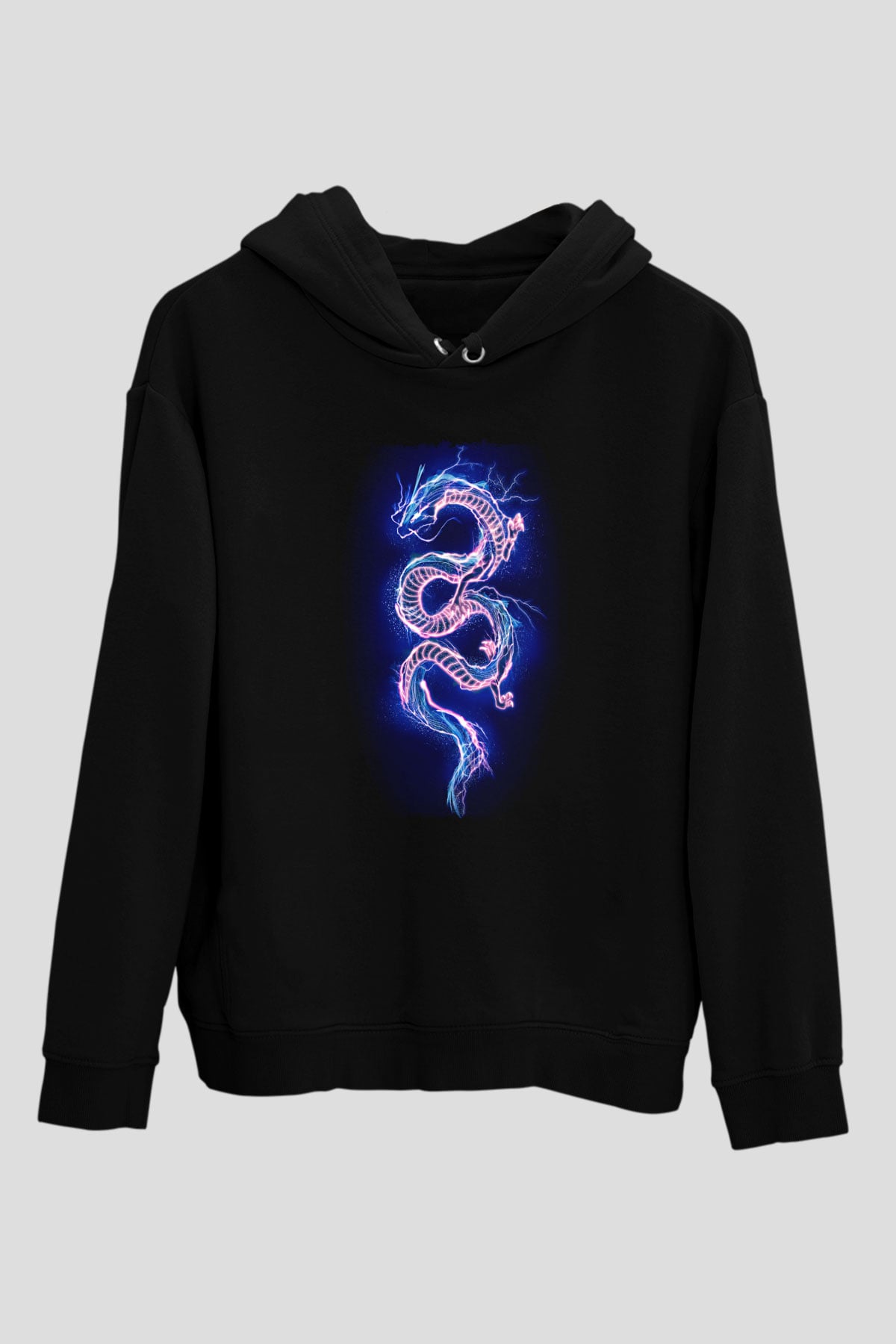 Ejderha Baskılı Unisex Siyah Hoodie
