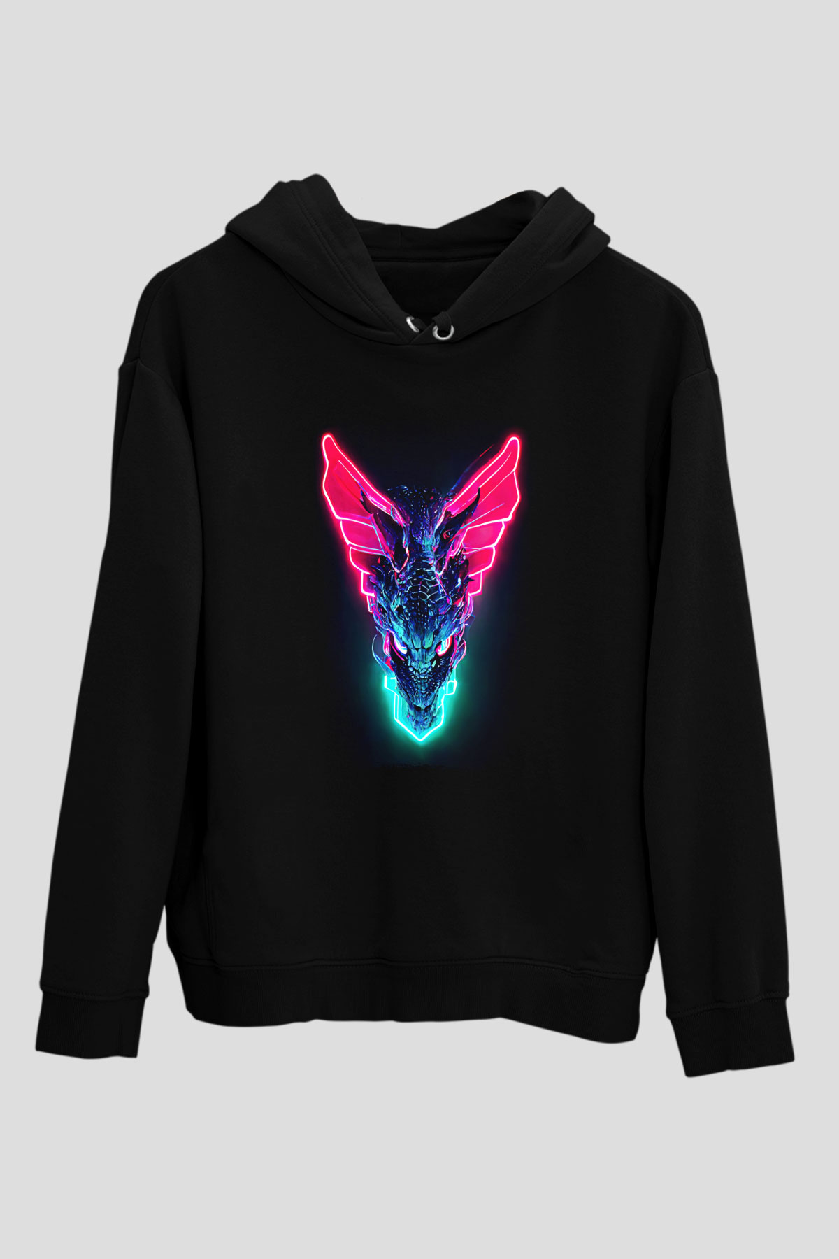 Ejderha Baskılı Unisex Siyah Hoodie