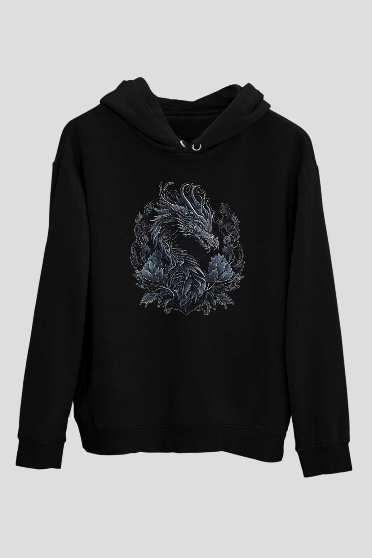 Ejderha Baskılı Unisex Siyah Hoodie