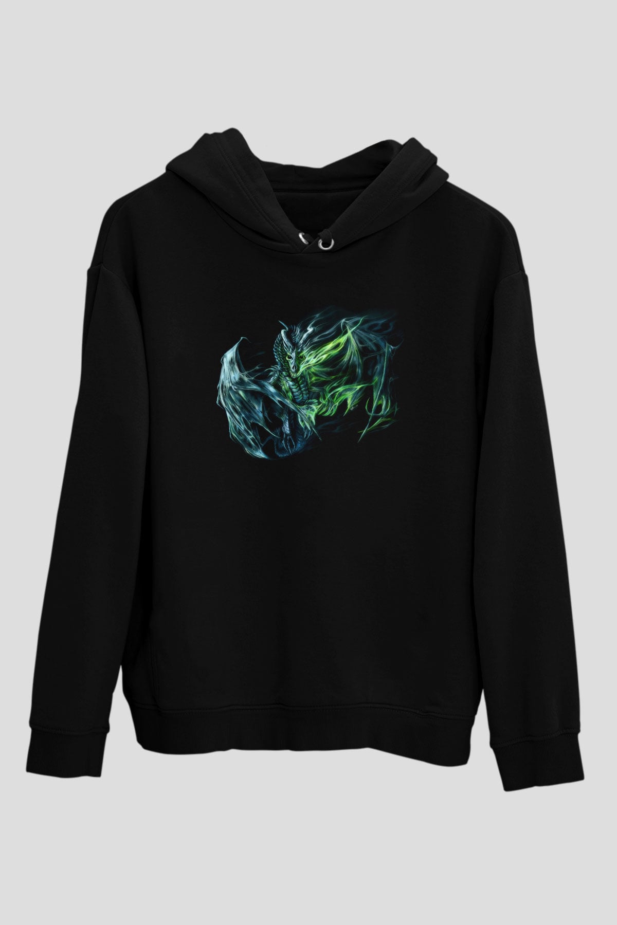 Ejderha Baskılı Unisex Siyah Hoodie