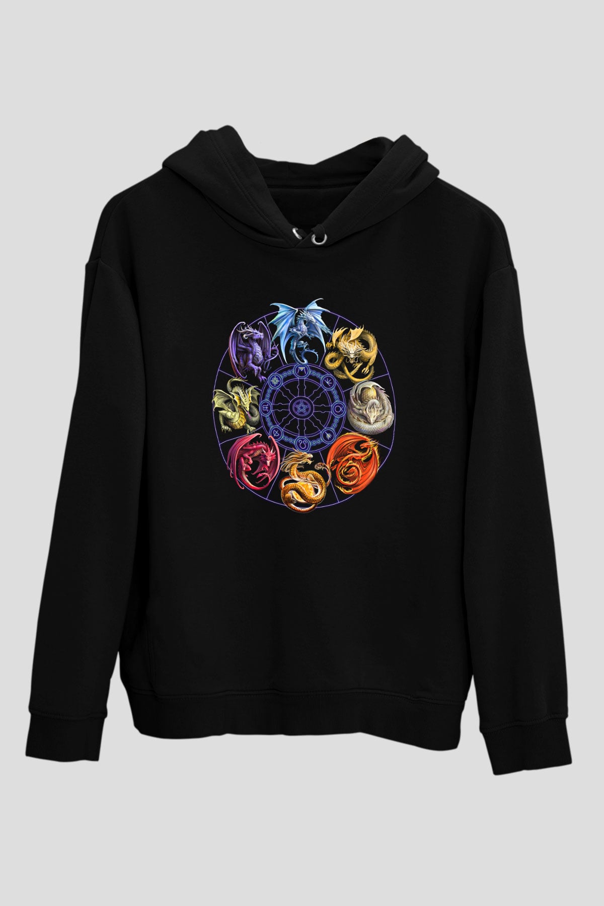 Ejderha Baskılı Unisex Siyah Hoodie