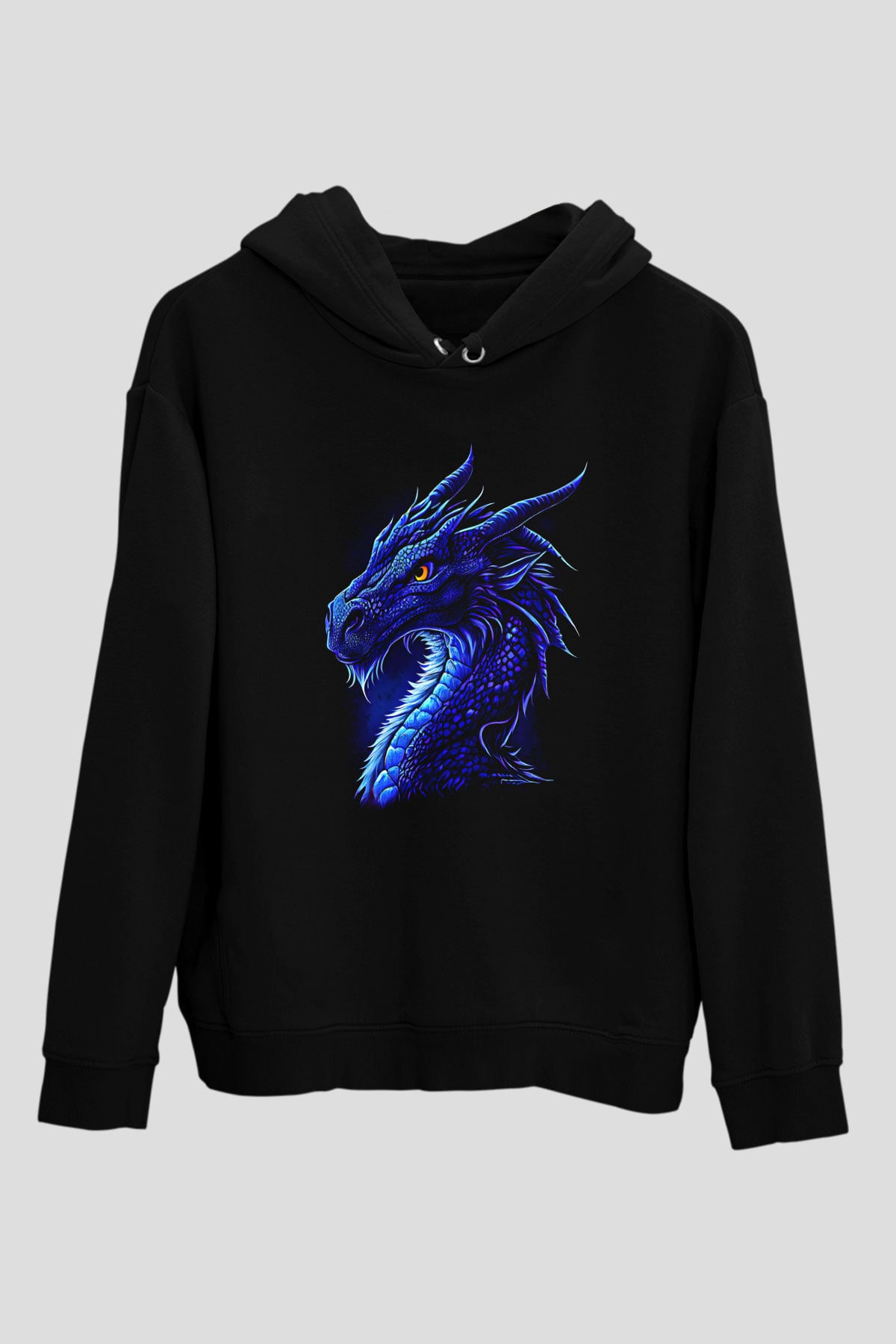 Ejderha Baskılı Unisex Siyah Hoodie