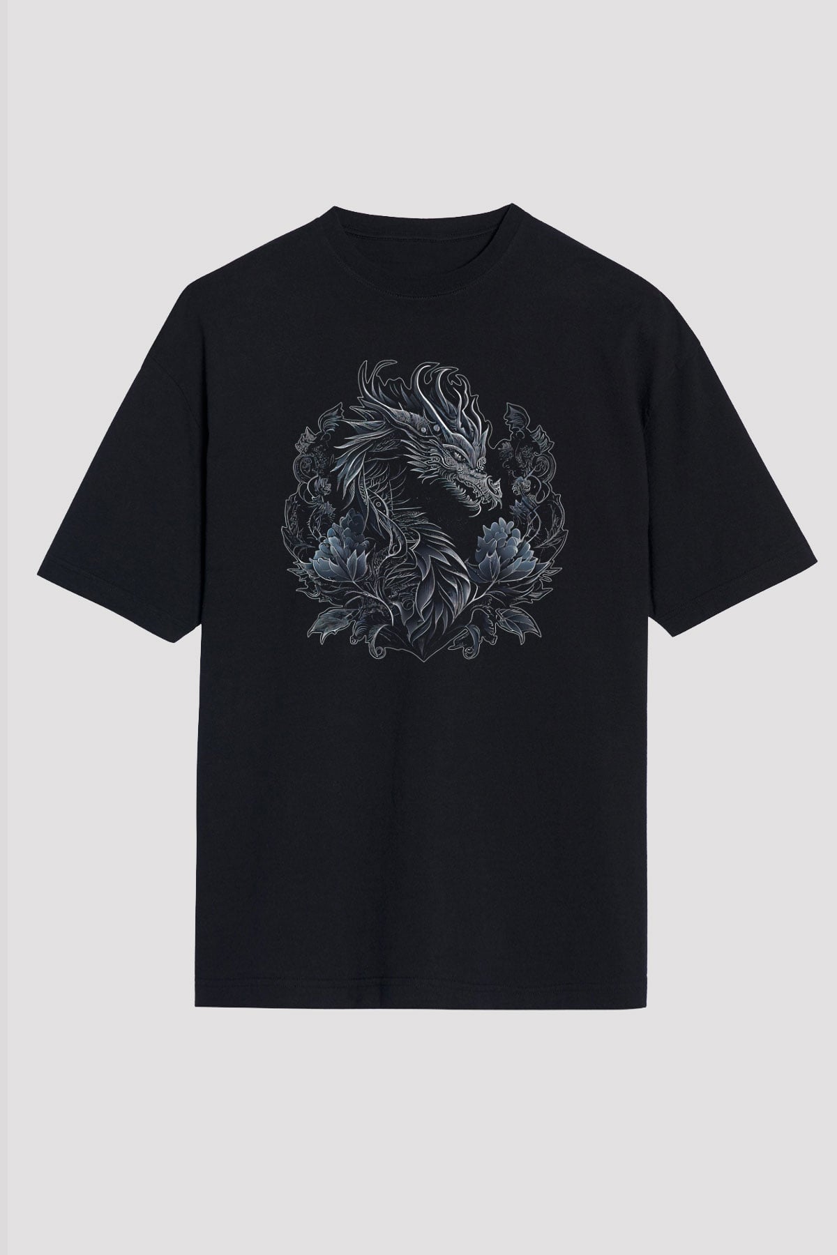 Ejderha Baskılı Unisex Siyah Oversize Tişört - Tshirt