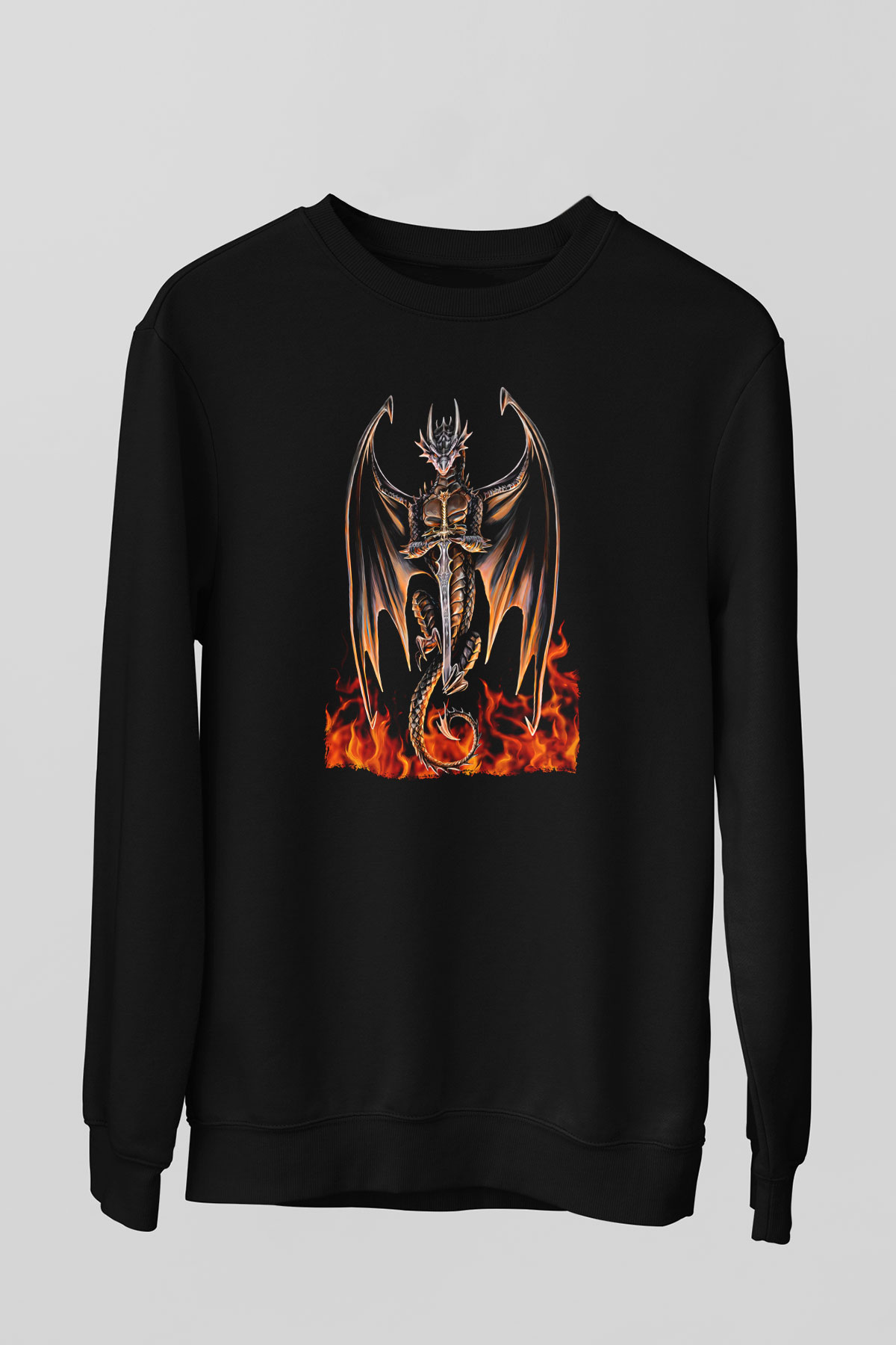 Ejderha Baskılı Unisex Siyah Sweatshirt