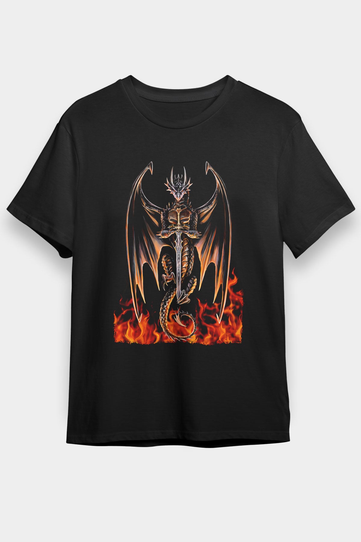 Ejderha Baskılı Unisex Siyah Tişört - Tshirt