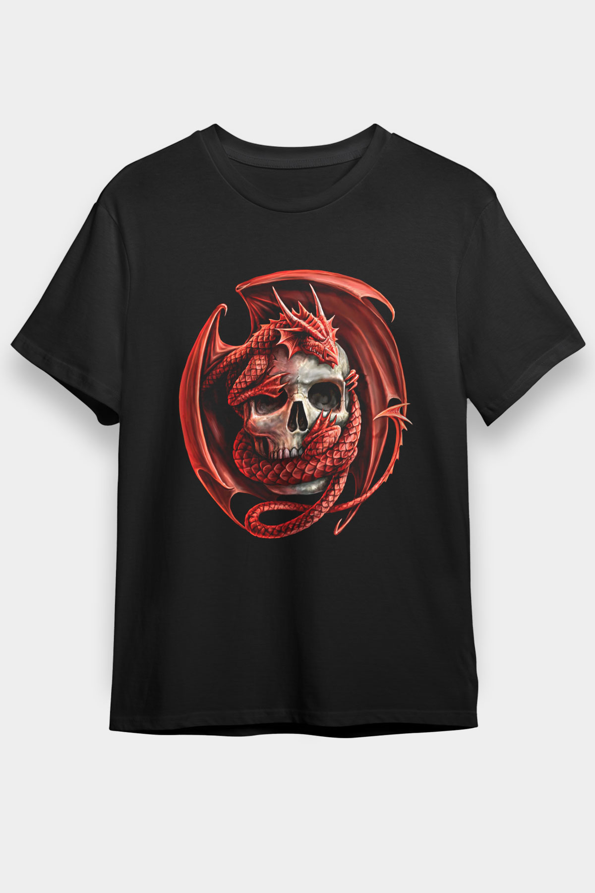 Ejderha Baskılı Unisex Siyah Tişört - Tshirt