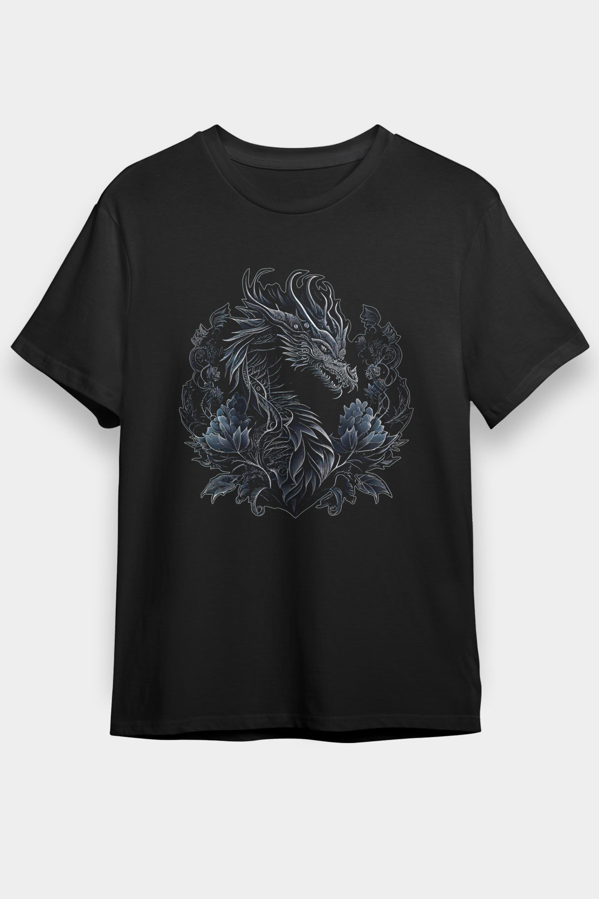 Ejderha Baskılı Unisex Siyah Tişört - Tshirt