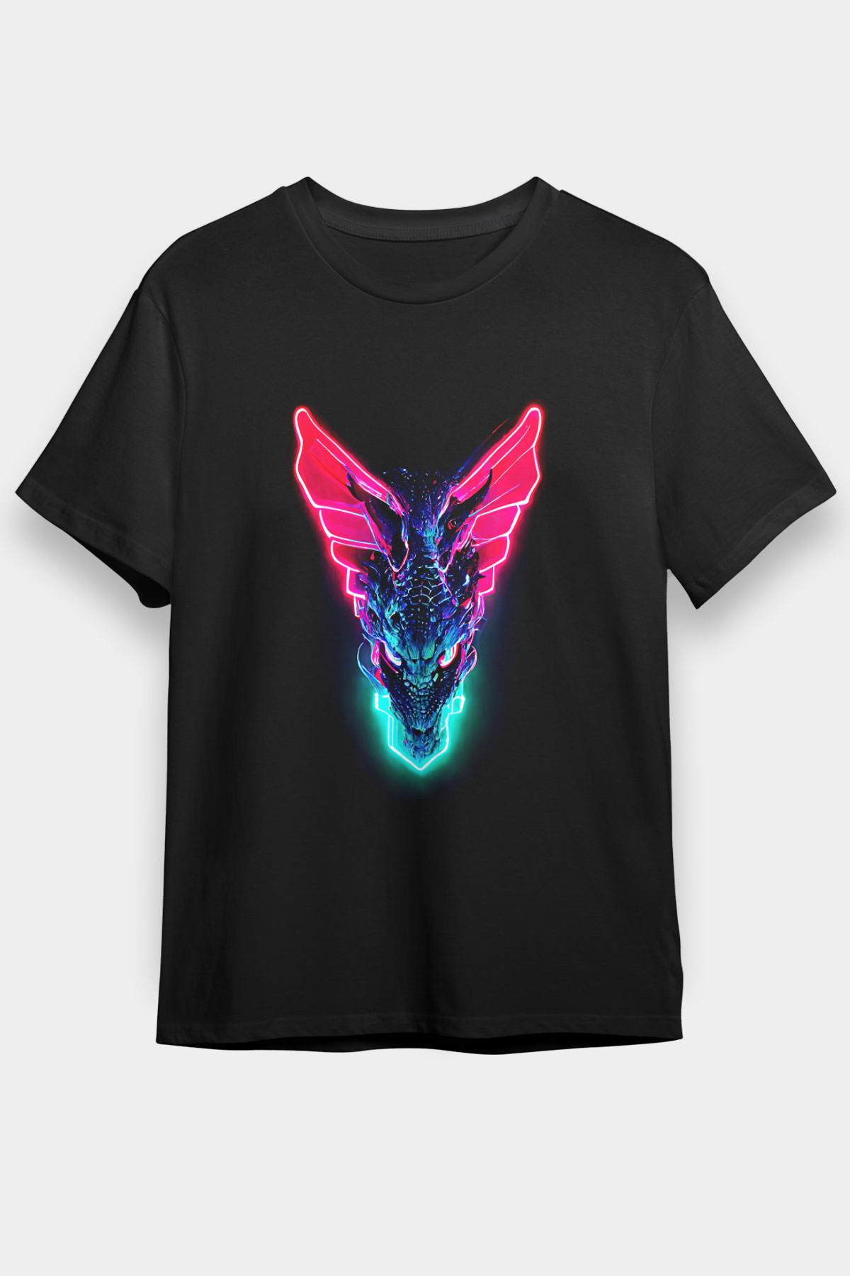 Ejderha Baskılı Unisex Siyah Tişört - Tshirt