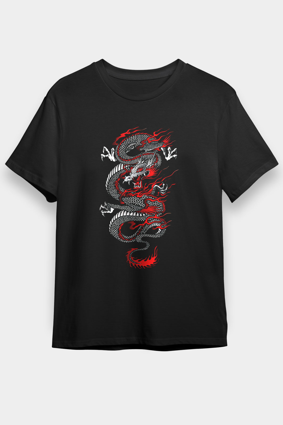 Ejderha Baskılı Unisex Siyah Tişört - Tshirt