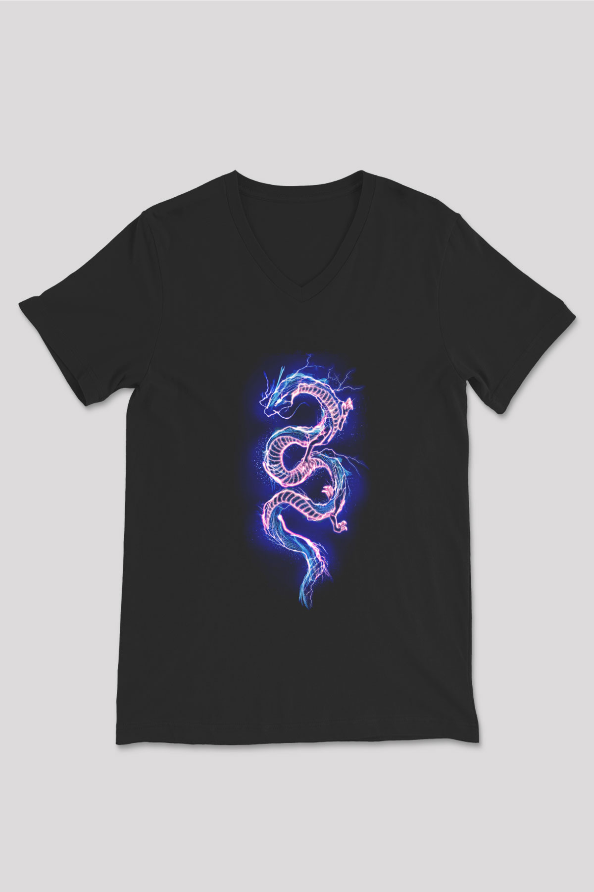 Ejderha Baskılı Unisex Siyah V Yaka Tişört - Tshirt