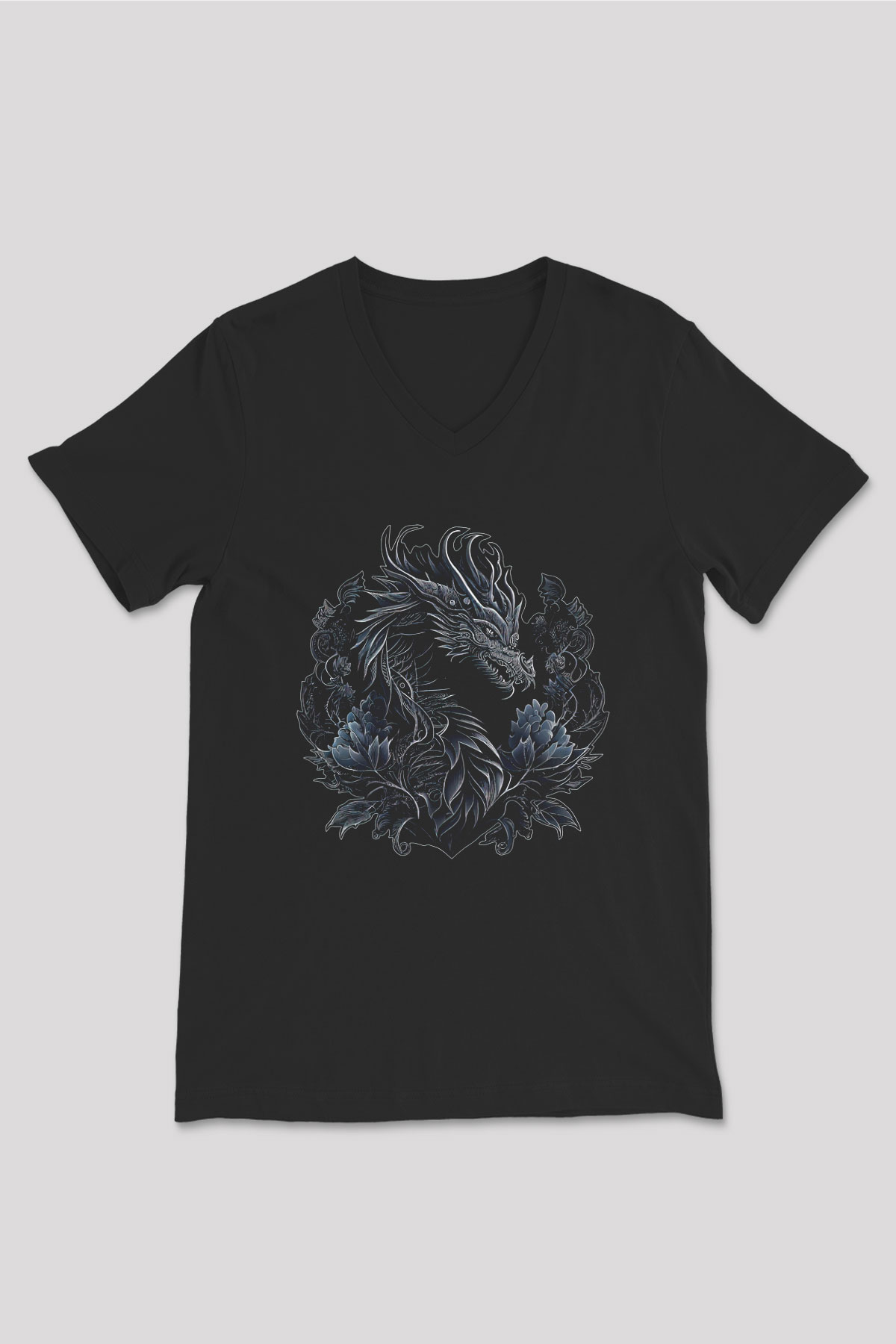 Ejderha Baskılı Unisex Siyah V Yaka Tişört - Tshirt
