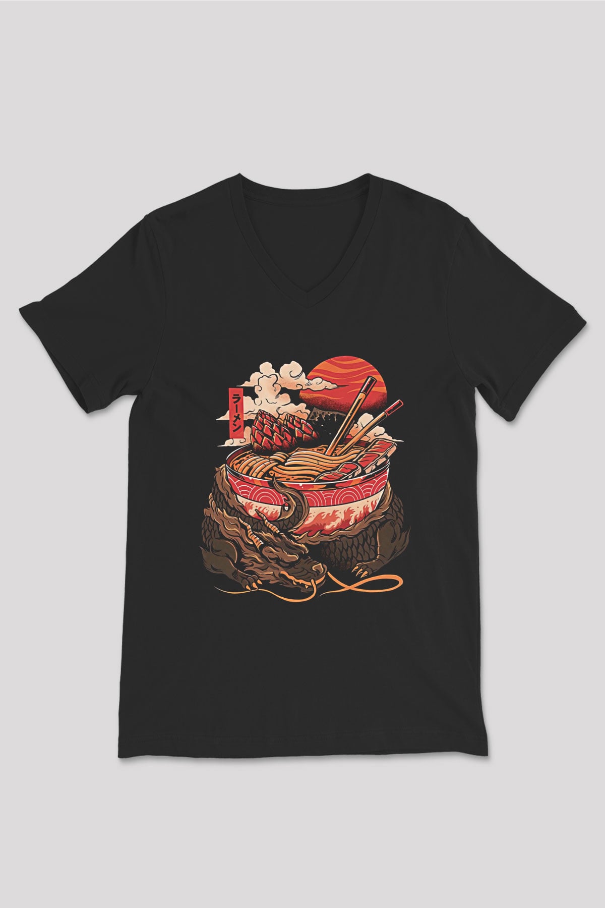 Ejderha Baskılı Unisex Siyah V Yaka Tişört - Tshirt
