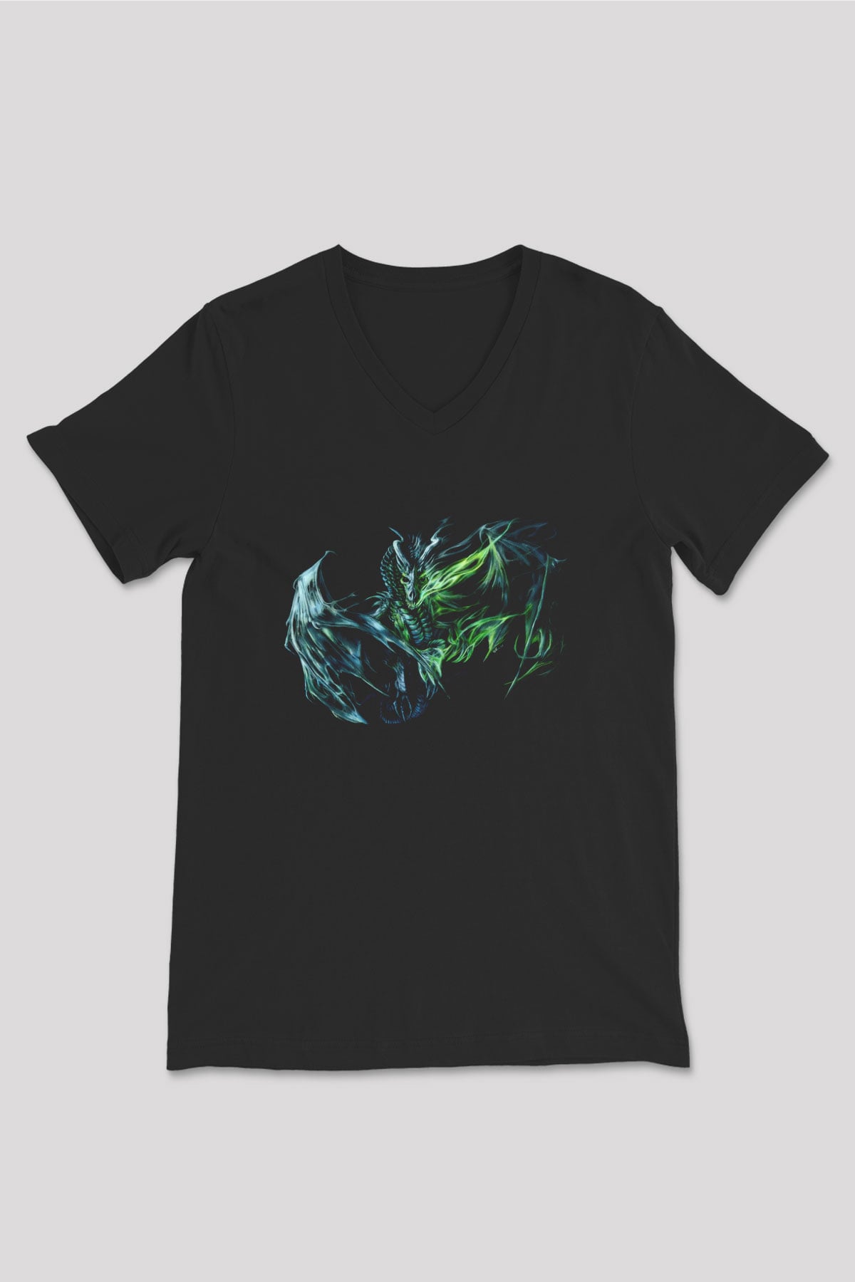Ejderha Baskılı Unisex Siyah V Yaka Tişört - Tshirt