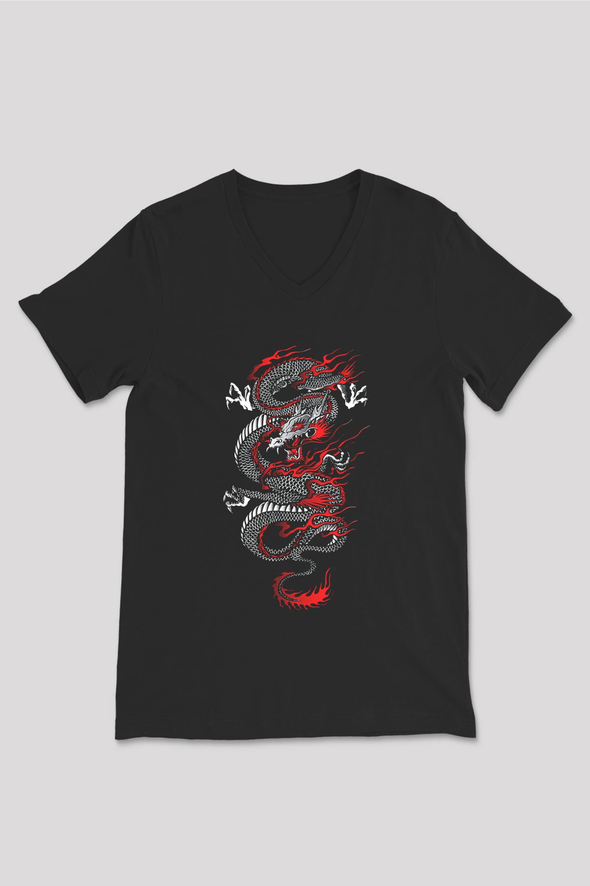 Ejderha Baskılı Unisex Siyah V Yaka Tişört - Tshirt