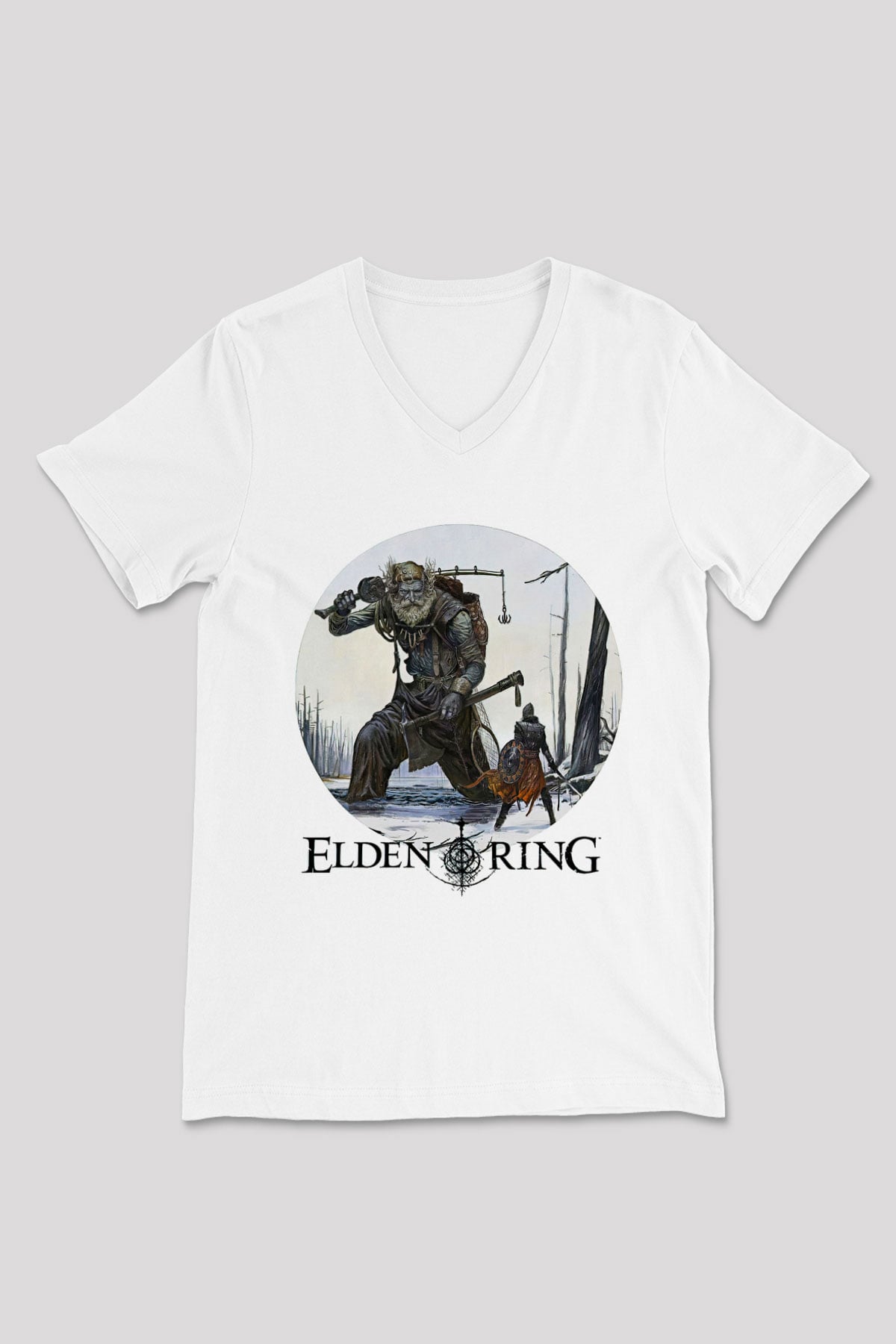Elden Ring Baskılı Beyaz Unisex V Yaka Tişört - Tshirt