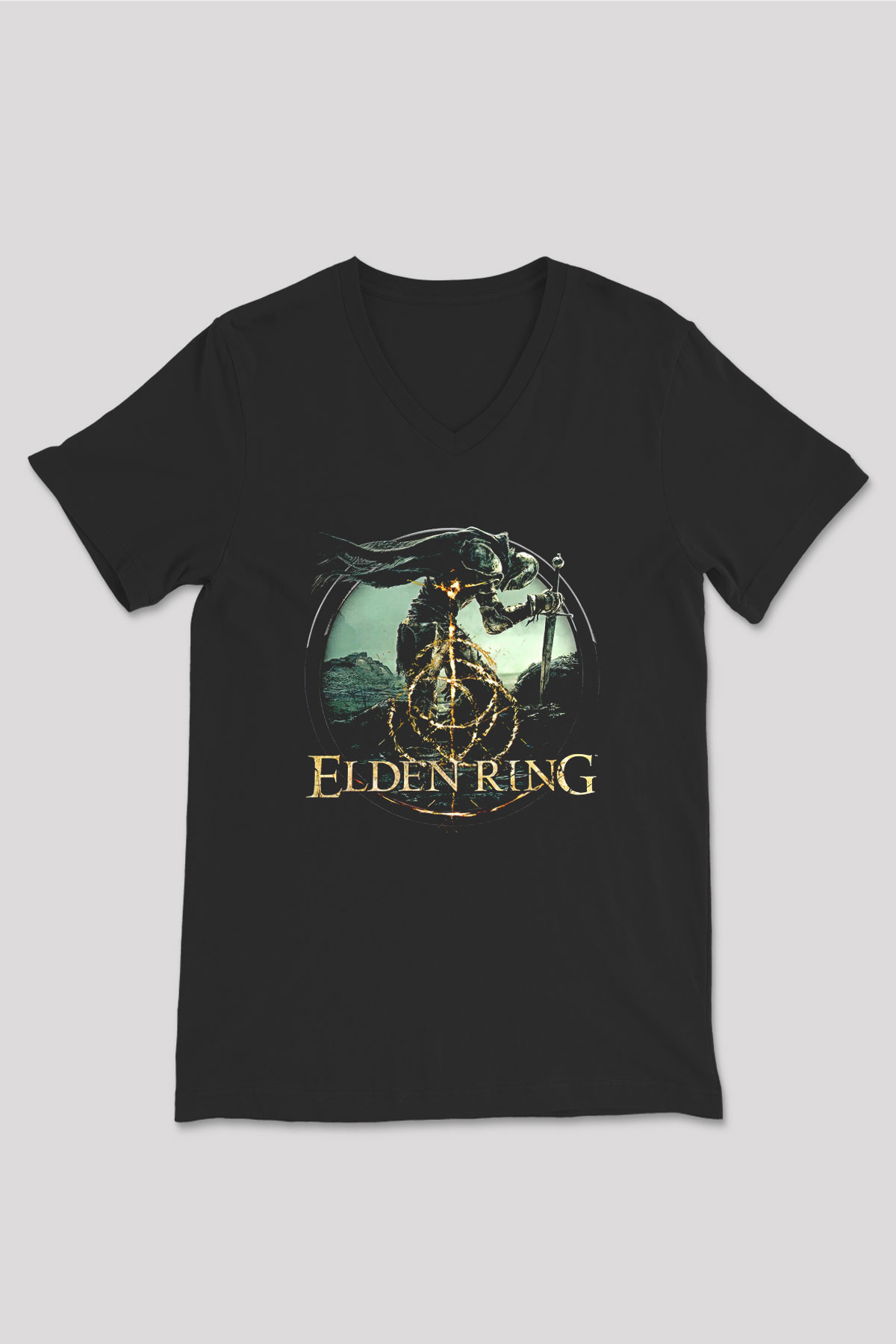 Elden Ring Baskılı Unisex Siyah V Yaka Tişört - Tshirt