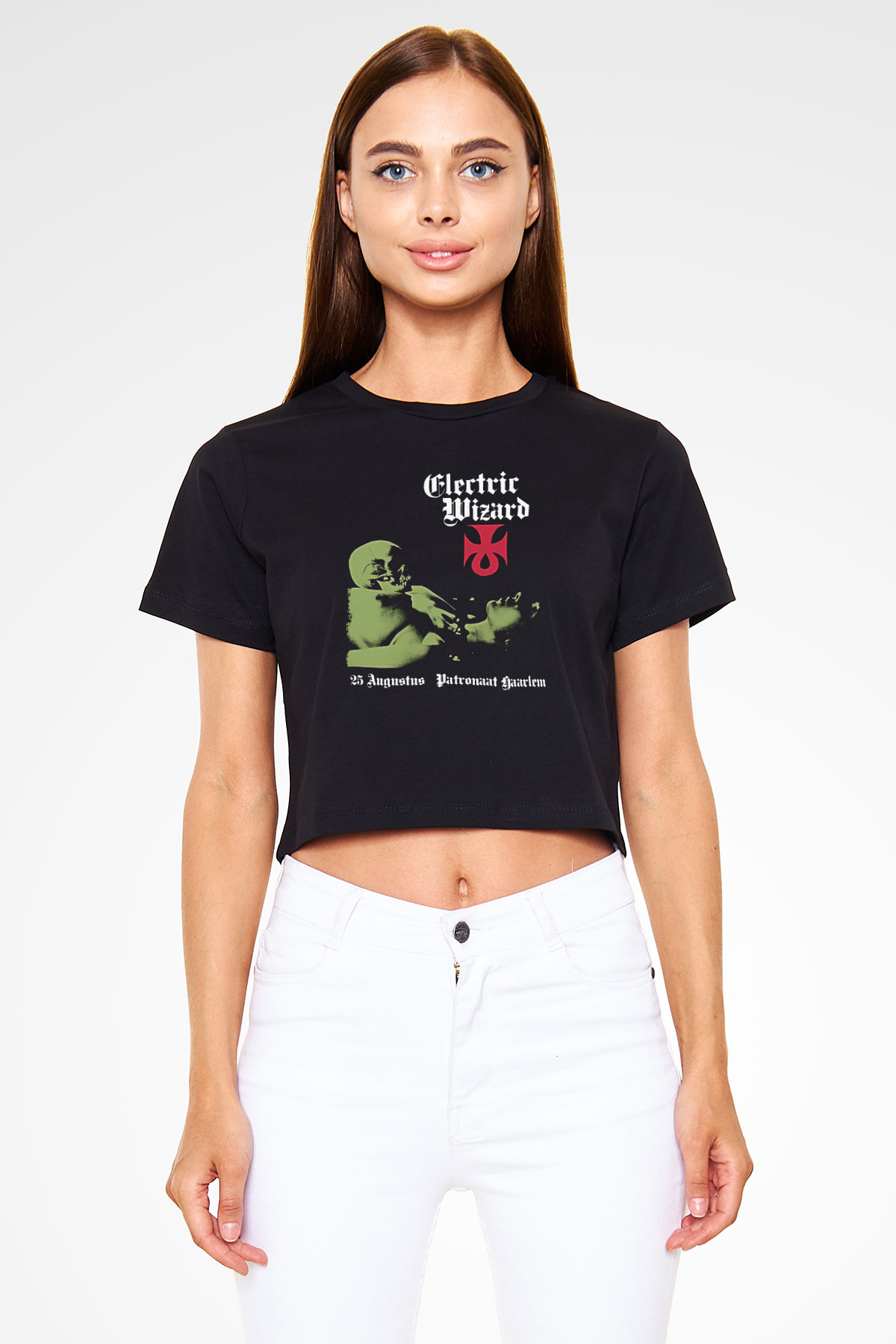 Electric Wizard Baskılı Siyah Crop Top Kadın Tişört - Tshirt