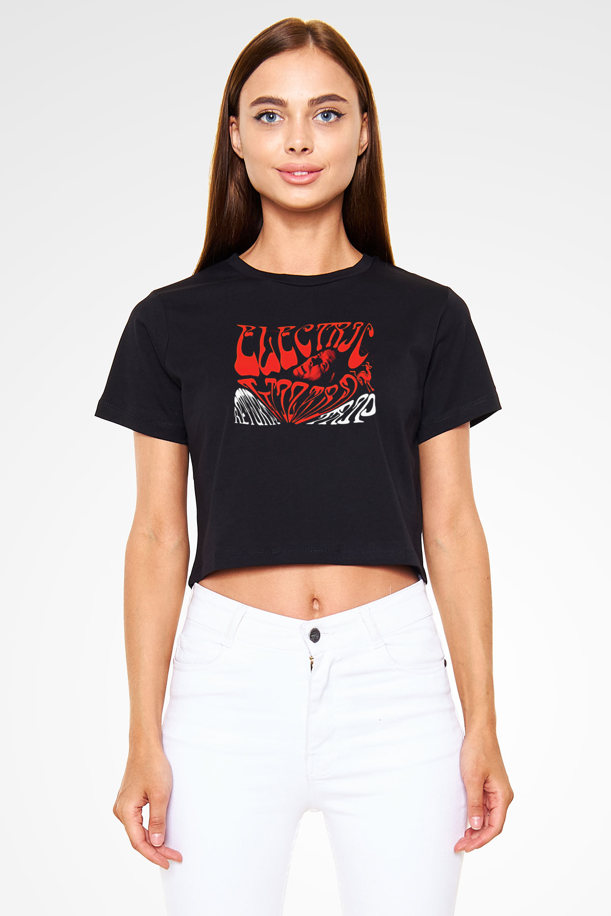 Electric Wizard Baskılı Siyah Crop Top Kadın Tişört - Tshirt