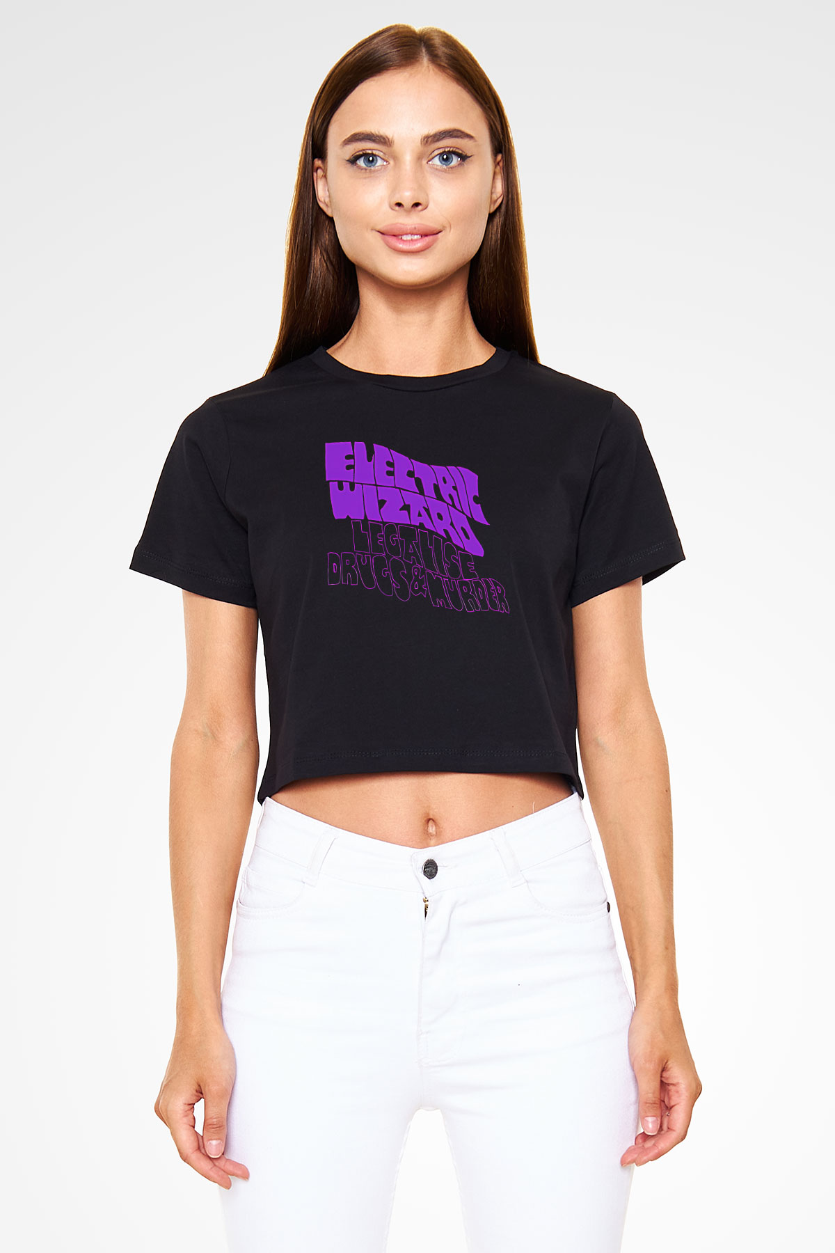 Electric Wizard Baskılı Siyah Crop Top Kadın Tişört - Tshirt