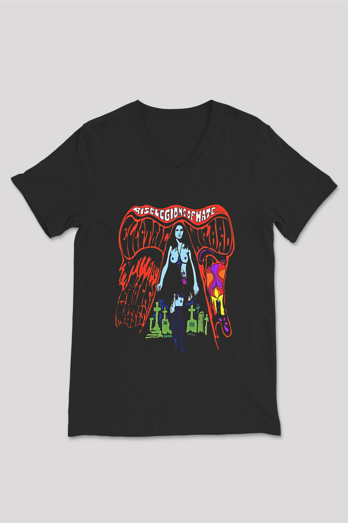 Electric Wizard Baskılı Unisex Siyah V Yaka Tişört - Tshirt