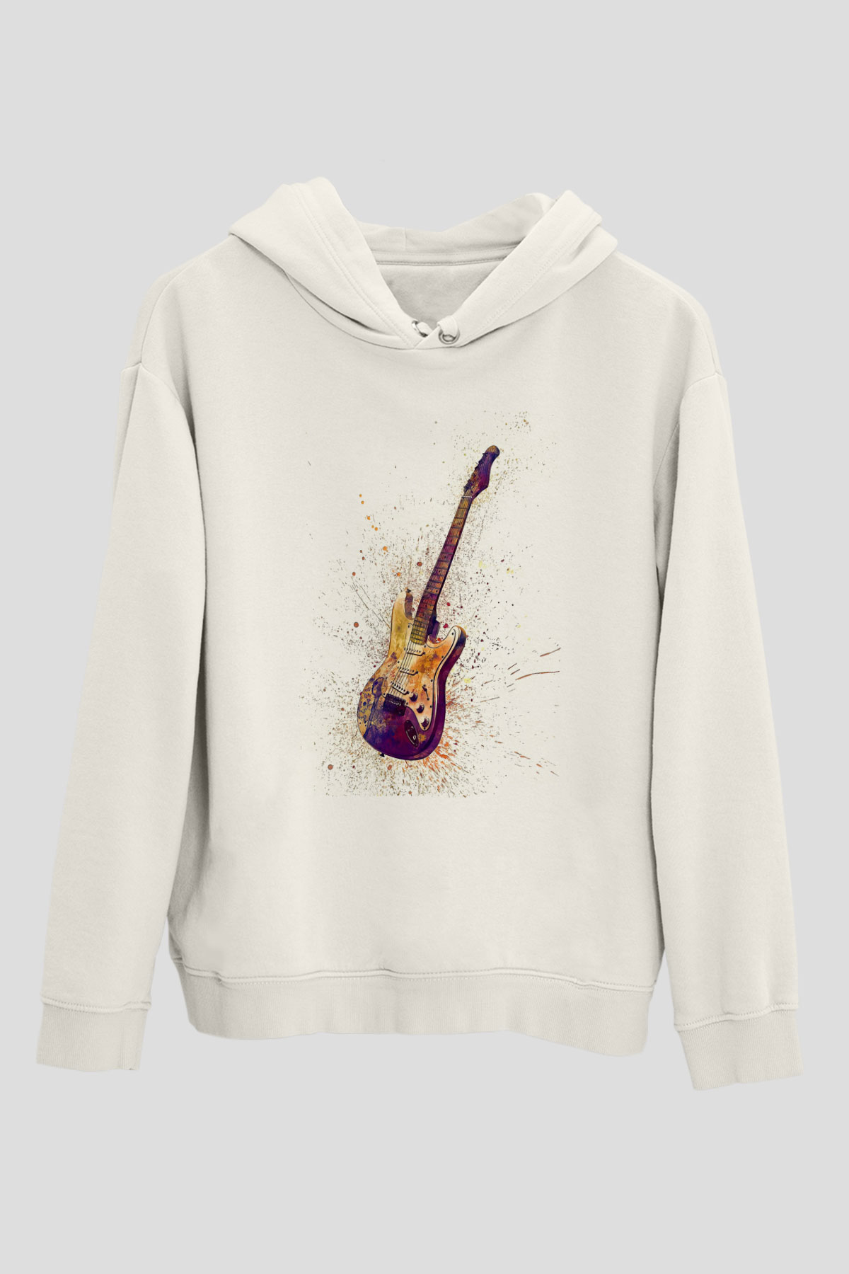 Elektro Gitar Baskılı Beyaz Unisex Hoodie