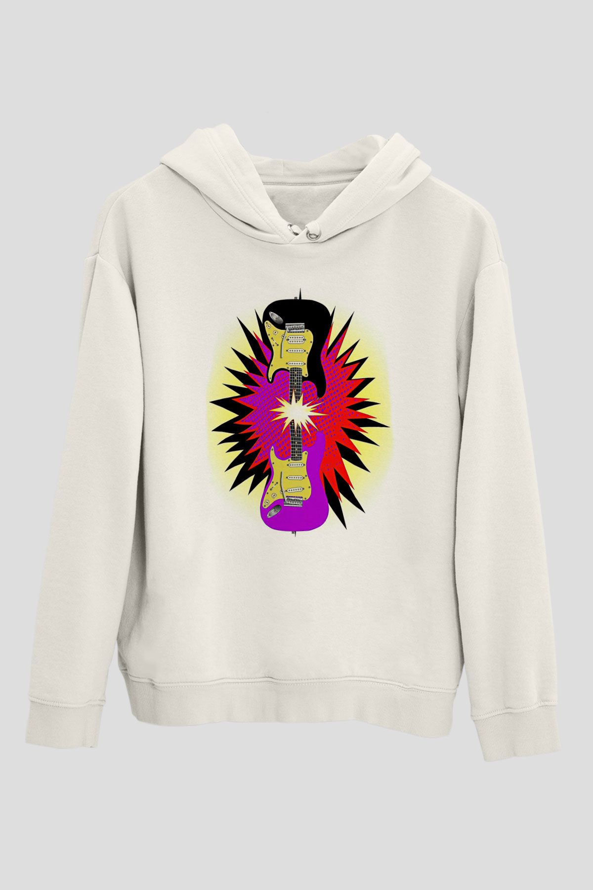 Elektro Gitar Baskılı Beyaz Unisex Hoodie