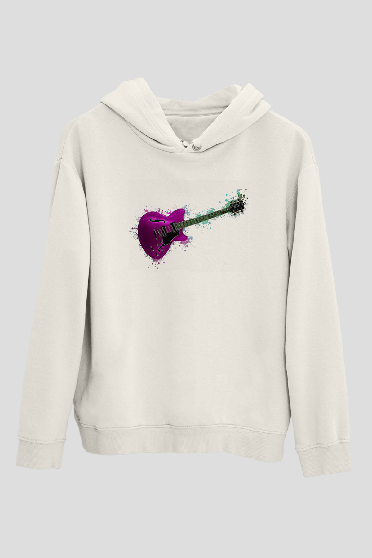 Elektro Gitar Baskılı Beyaz Unisex Hoodie