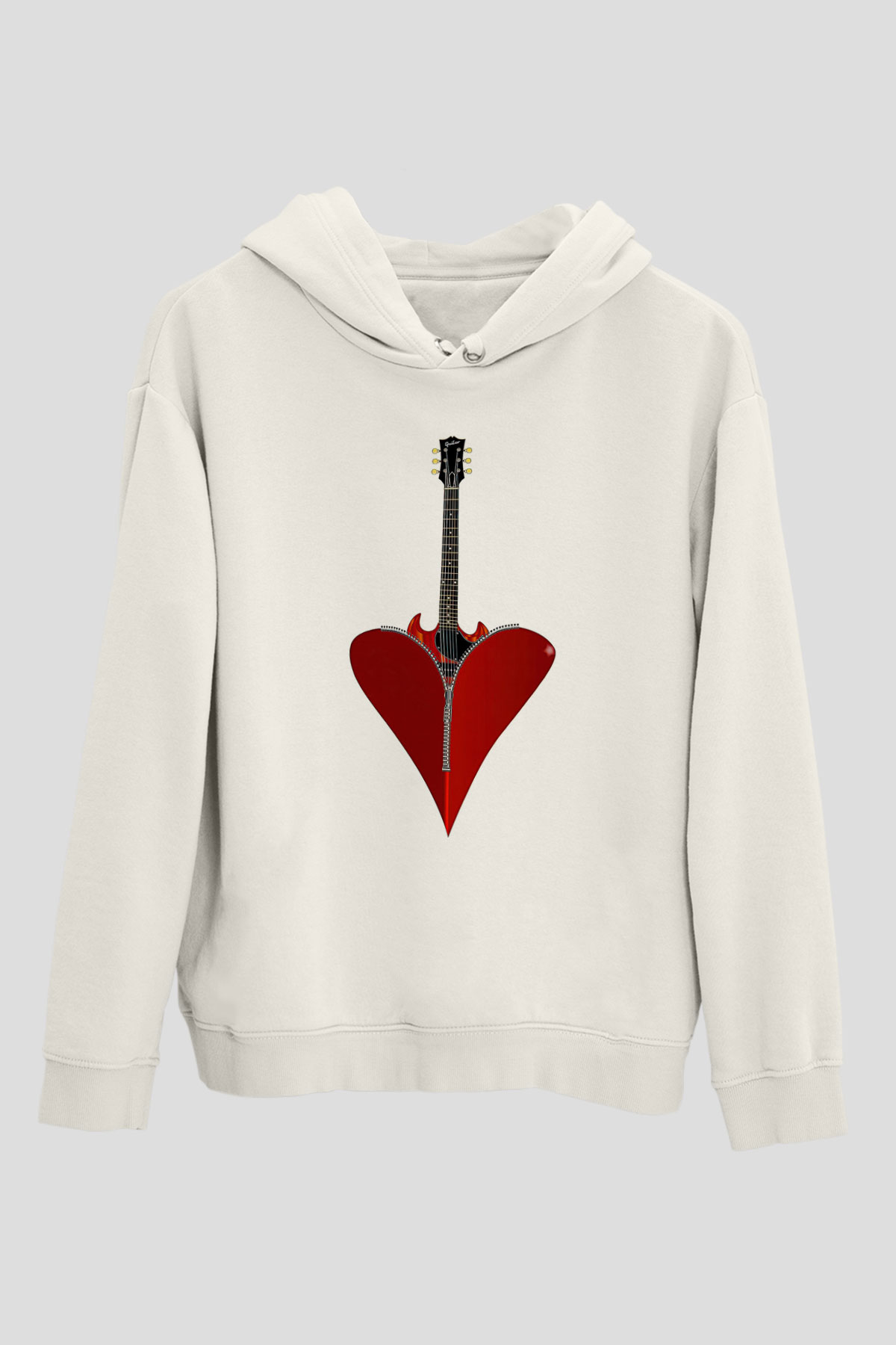 Elektro Gitar Baskılı Beyaz Unisex Hoodie