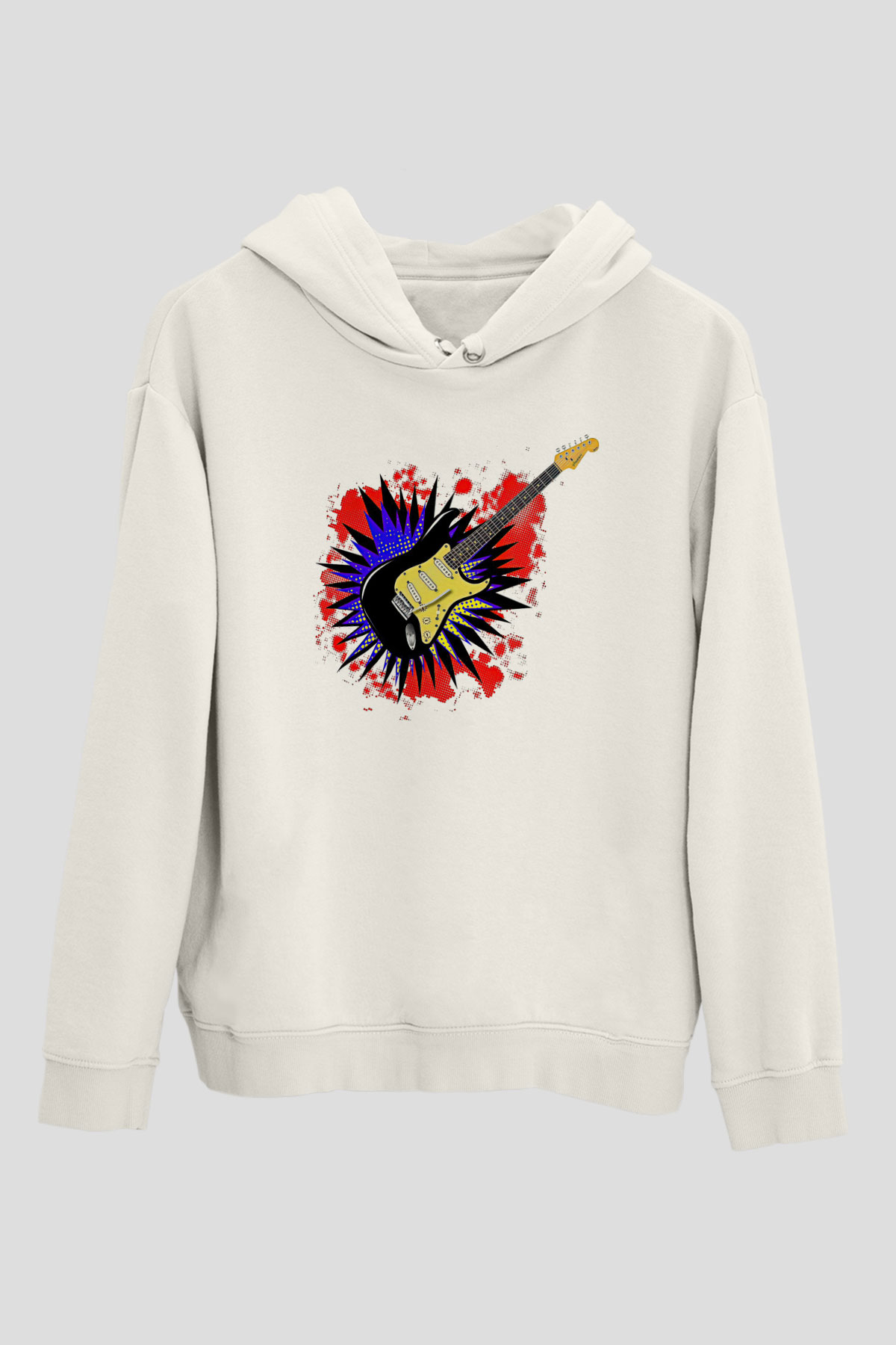Elektro Gitar Baskılı Beyaz Unisex Hoodie