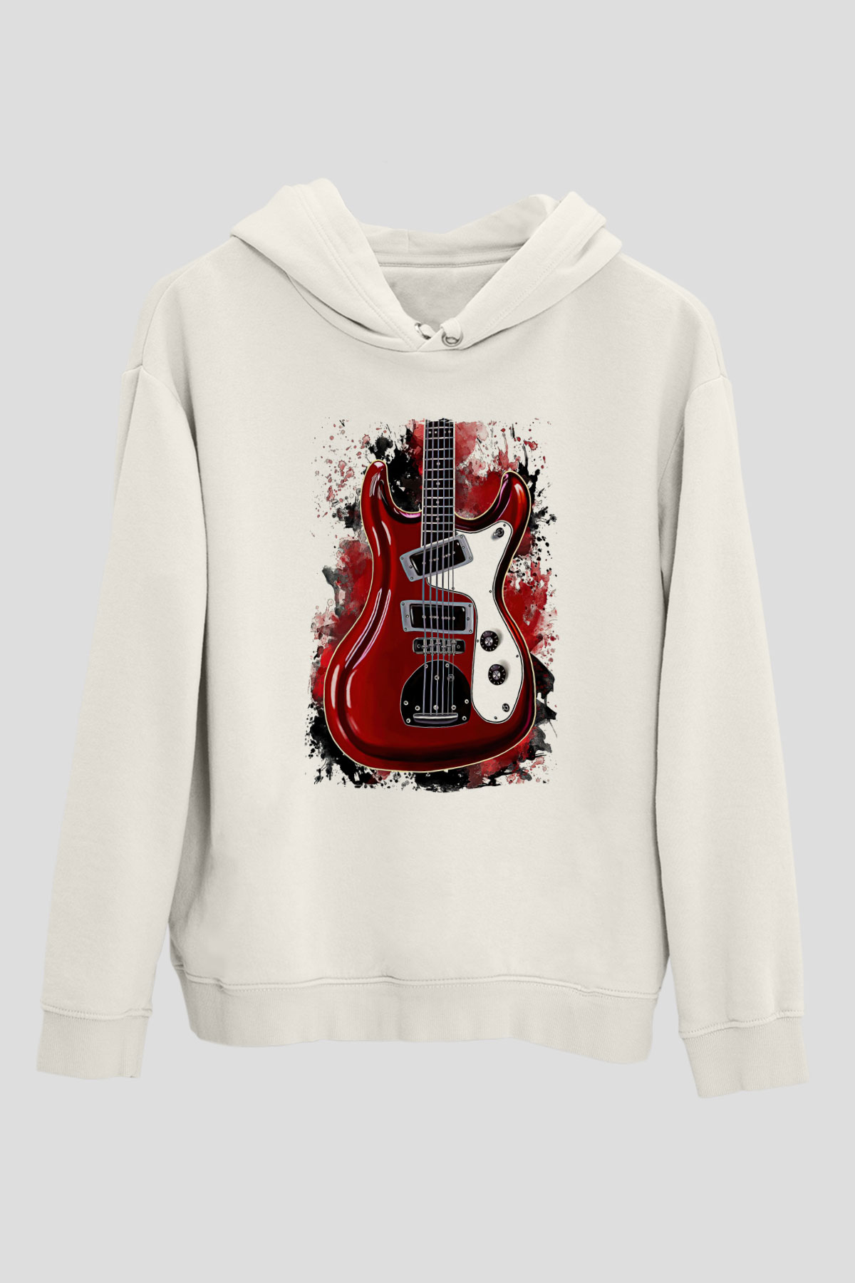 Elektro Gitar Baskılı Beyaz Unisex Hoodie