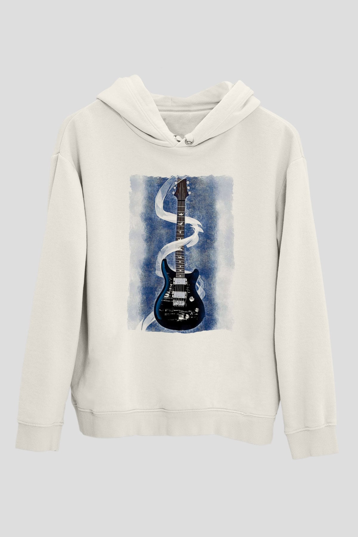Elektro Gitar Baskılı Beyaz Unisex Hoodie