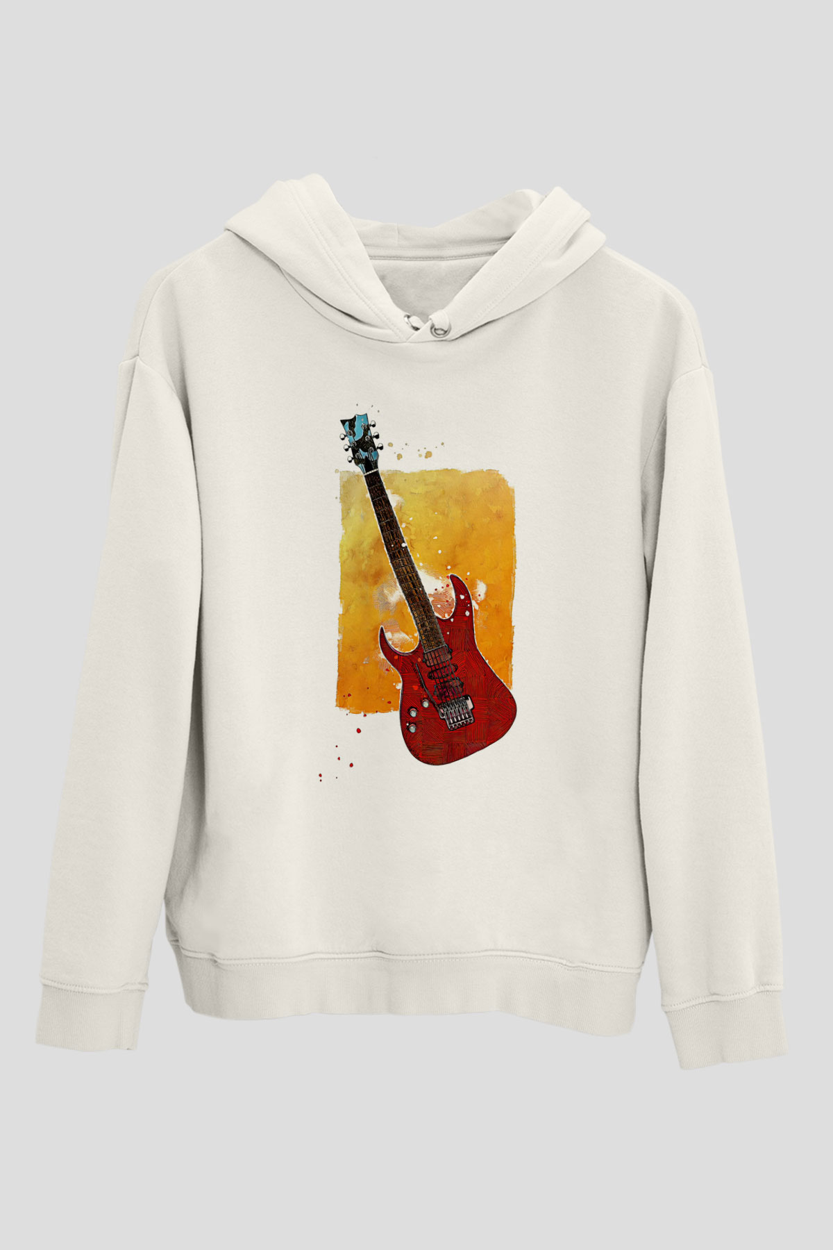 Elektro Gitar Baskılı Beyaz Unisex Hoodie