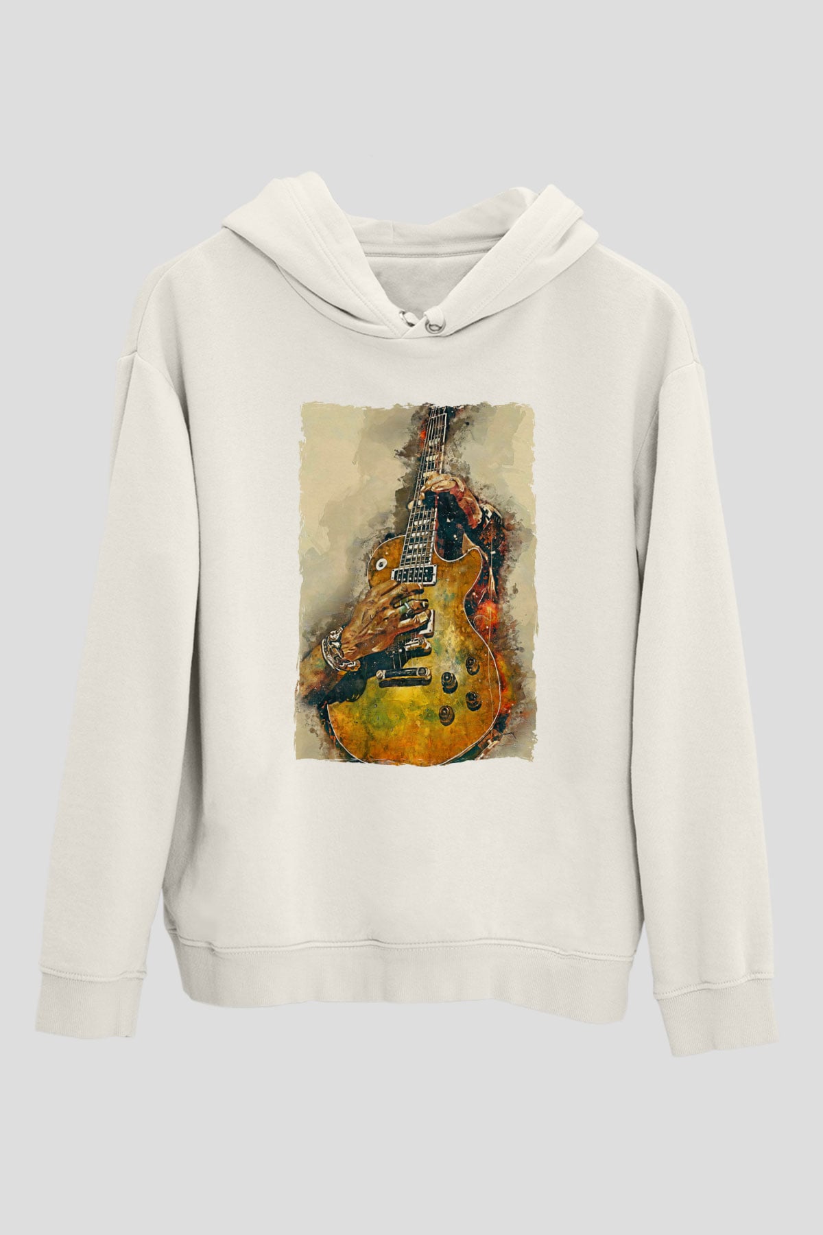 Elektro Gitar Baskılı Beyaz Unisex Hoodie