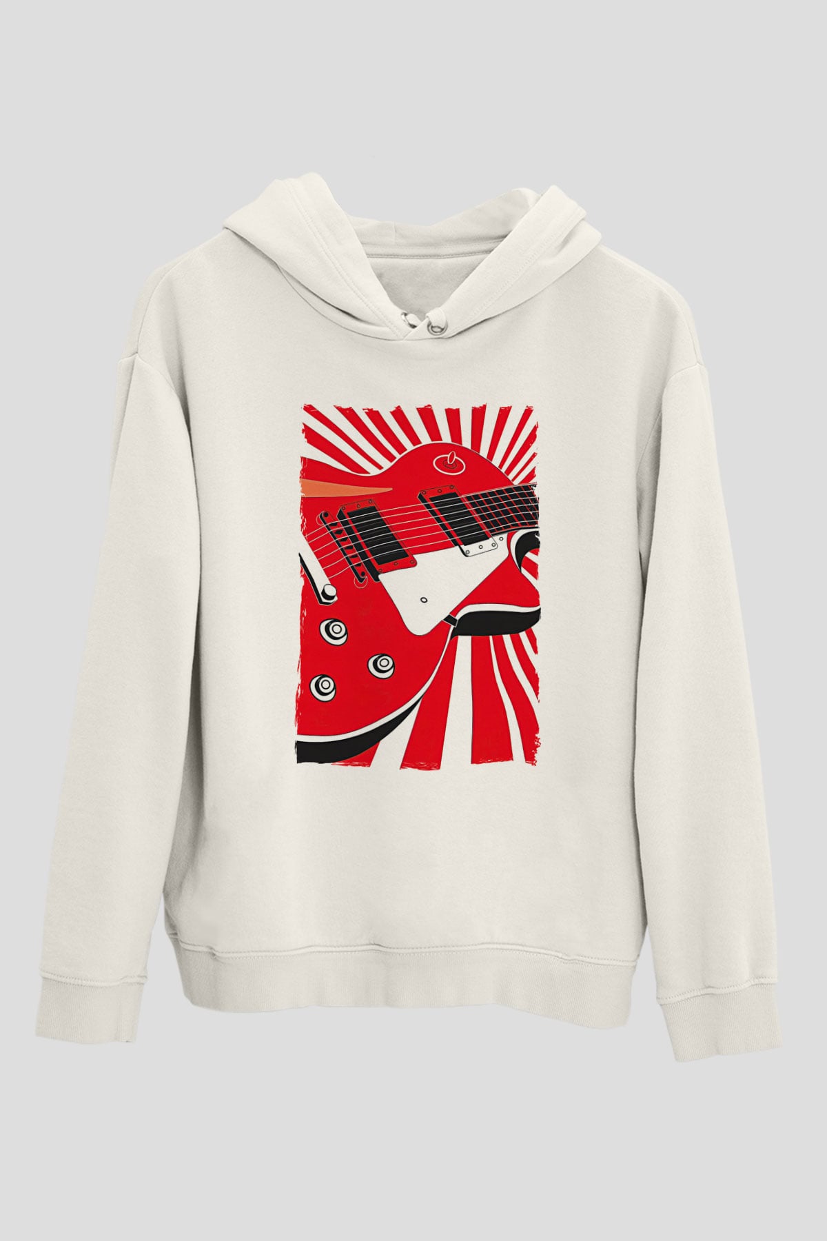 Elektro Gitar Baskılı Beyaz Unisex Hoodie