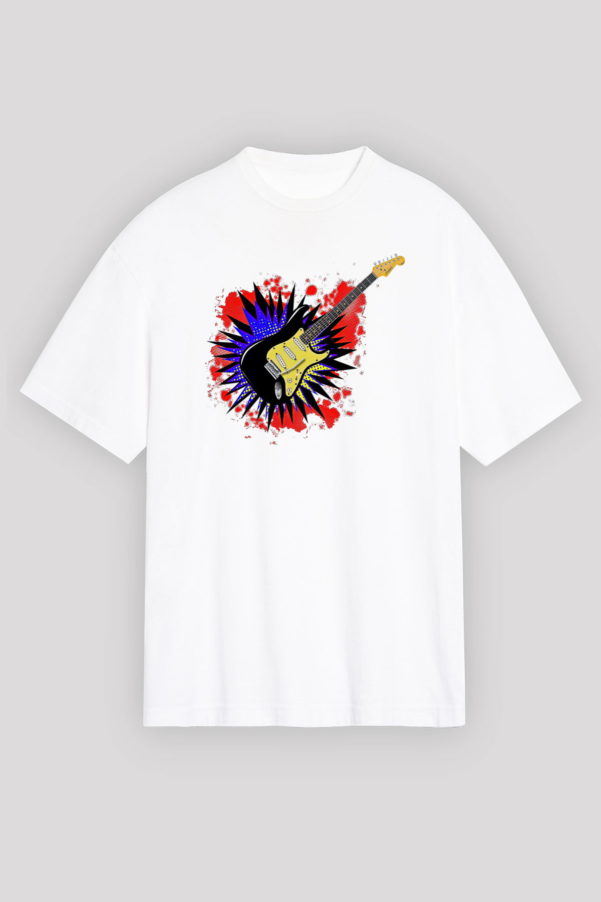 Elektro Gitar Baskılı Beyaz Unisex Oversize Tişört - Tshirt