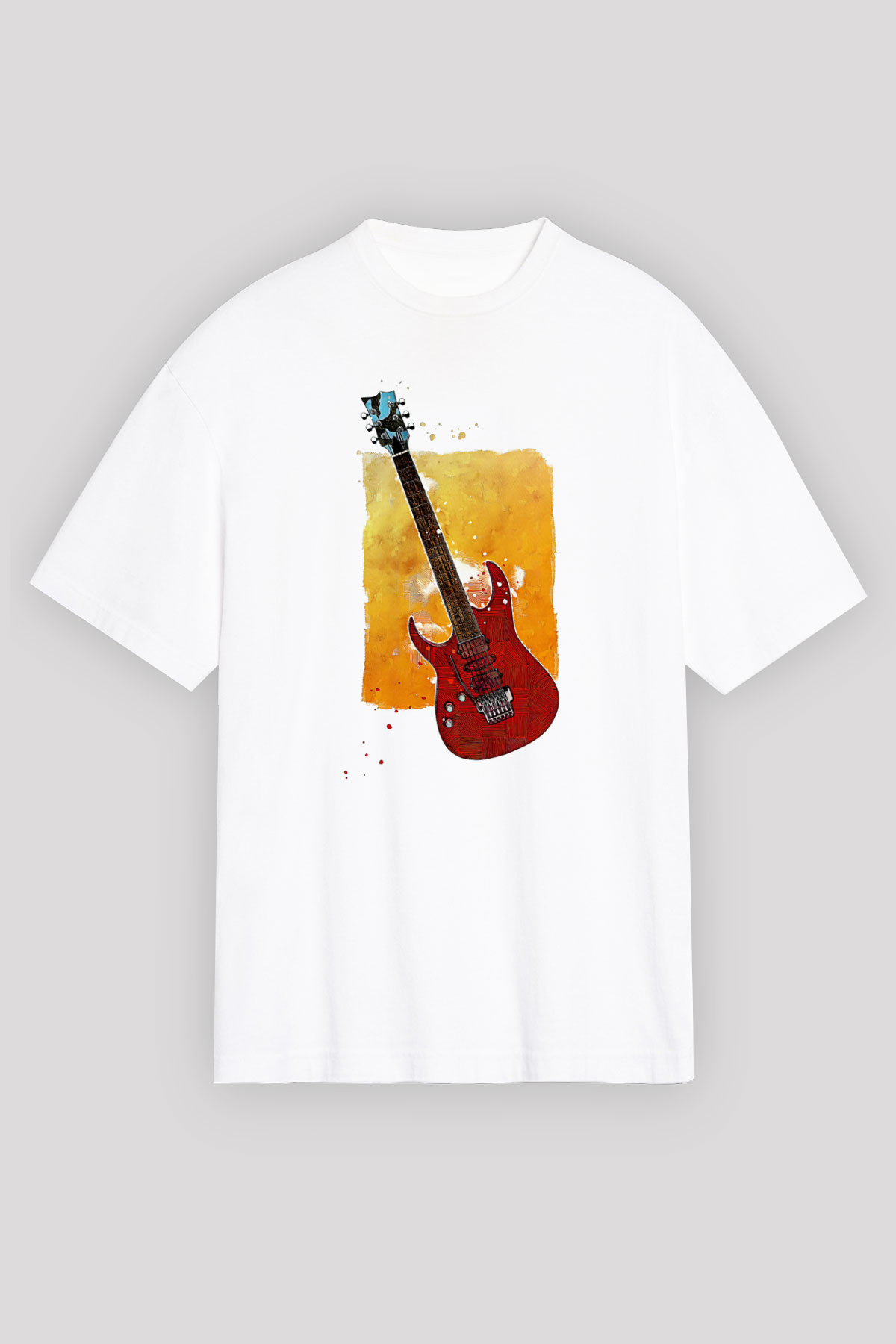Elektro Gitar Baskılı Beyaz Unisex Oversize Tişört - Tshirt