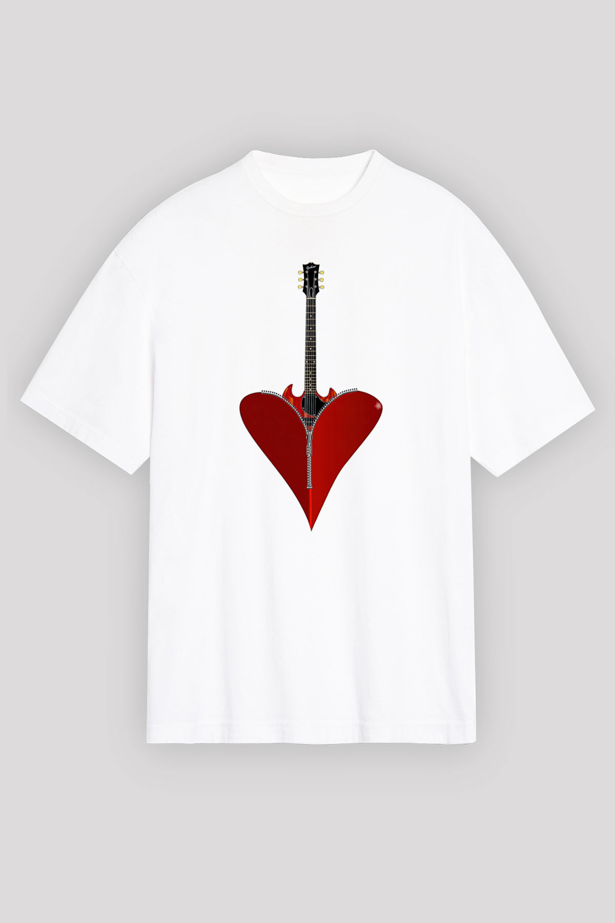Elektro Gitar Baskılı Beyaz Unisex Oversize Tişört - Tshirt
