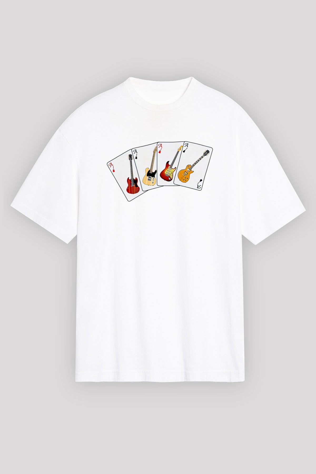 Elektro Gitar Baskılı Beyaz Unisex Oversize Tişört - Tshirt