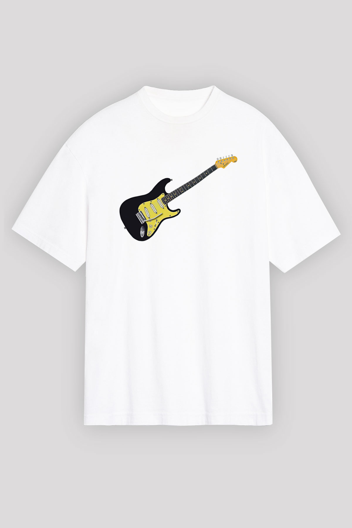 Elektro Gitar Baskılı Beyaz Unisex Oversize Tişört - Tshirt