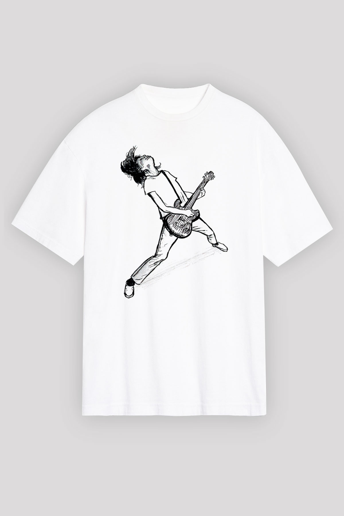 Elektro Gitar Baskılı Beyaz Unisex Oversize Tişört - Tshirt