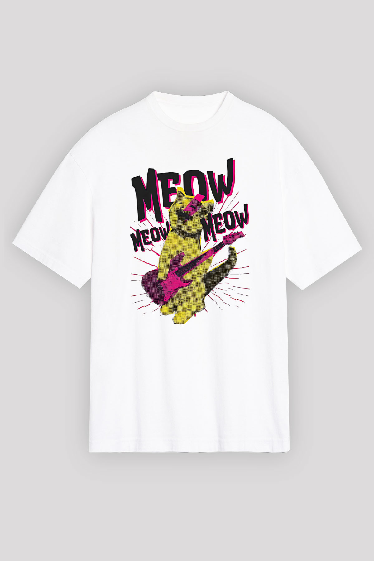 Elektro Gitar Baskılı Beyaz Unisex Oversize Tişört - Tshirt
