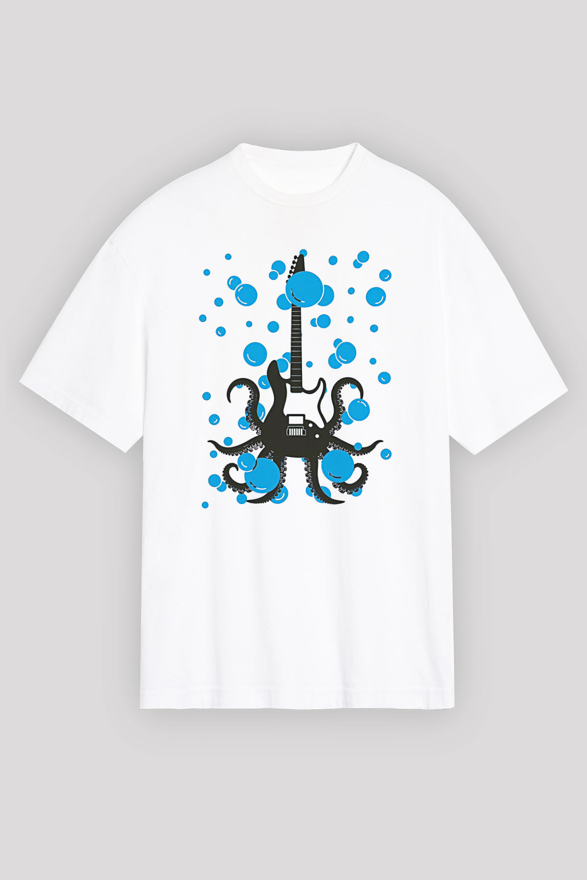 Elektro Gitar Baskılı Beyaz Unisex Oversize Tişört - Tshirt