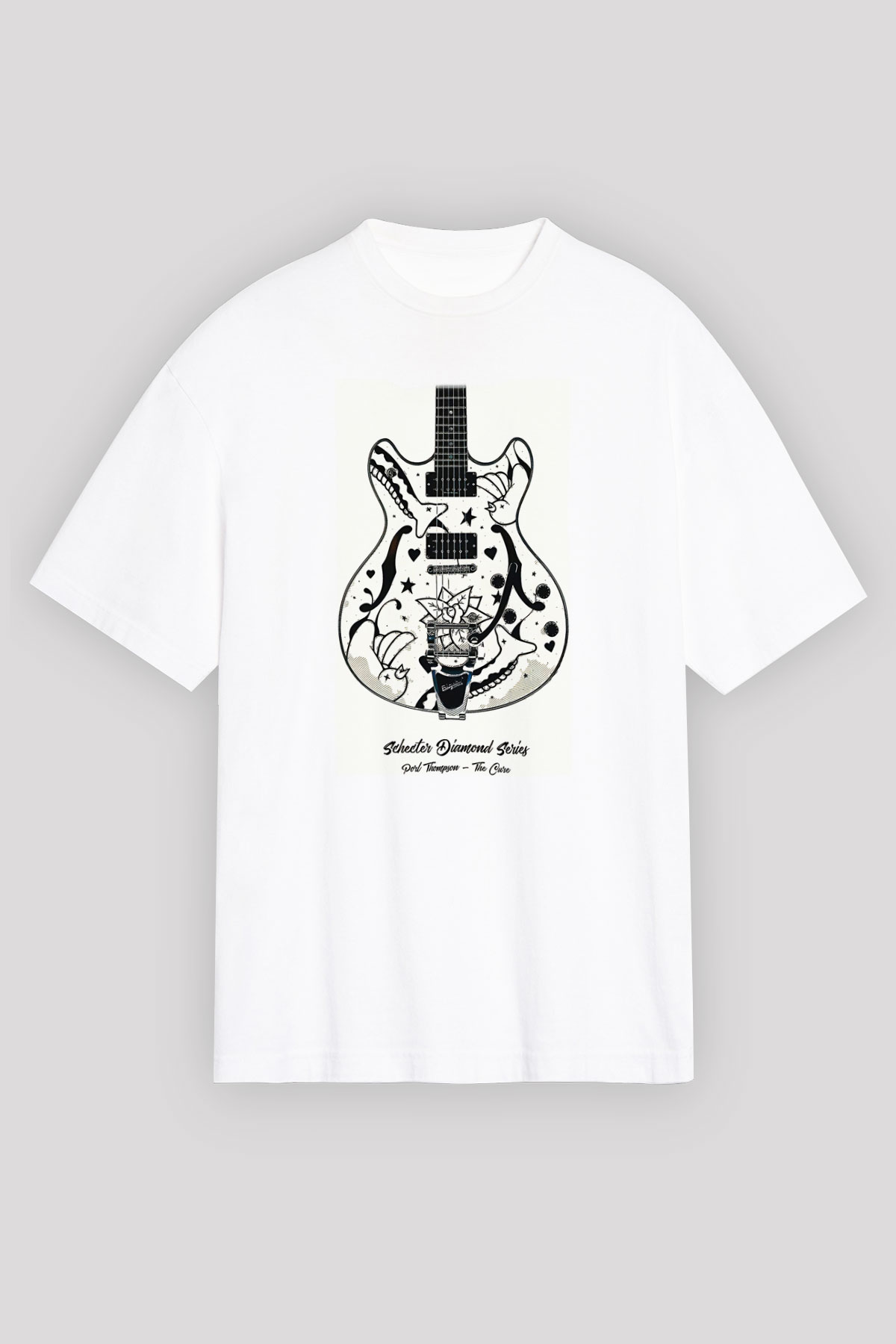 Elektro Gitar Baskılı Beyaz Unisex Oversize Tişört - Tshirt