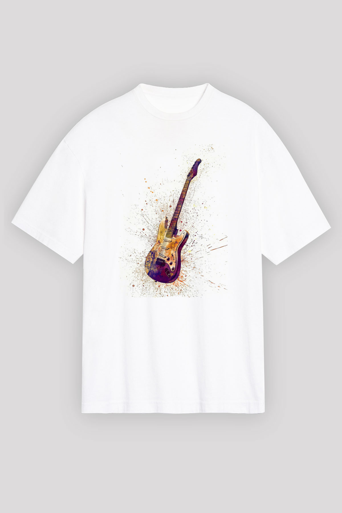 Elektro Gitar Baskılı Beyaz Unisex Oversize Tişört - Tshirt